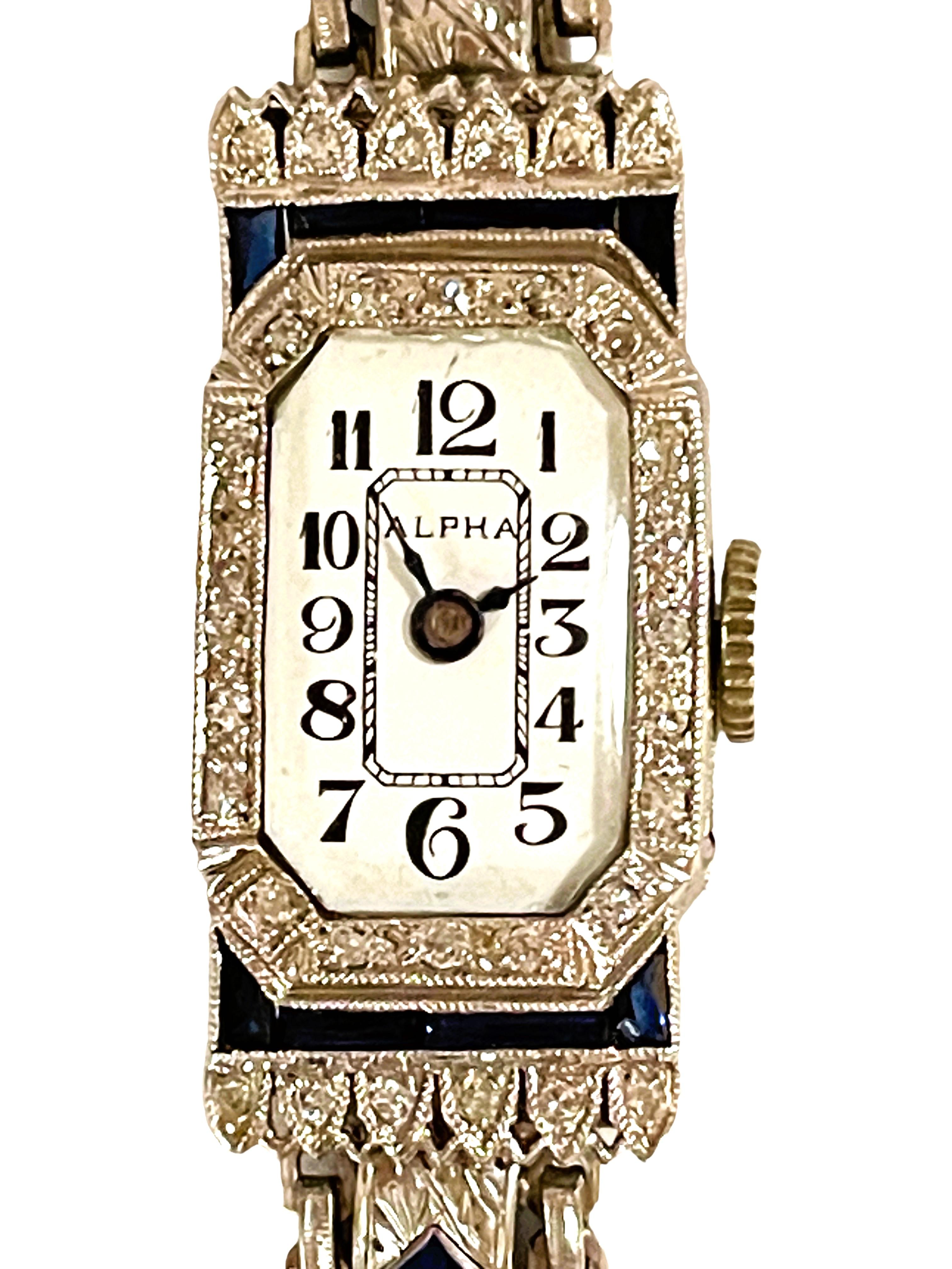 Round Cut Handmade Antique Platinum Sapphire & Diamond Watch w Xtra Links For Sale