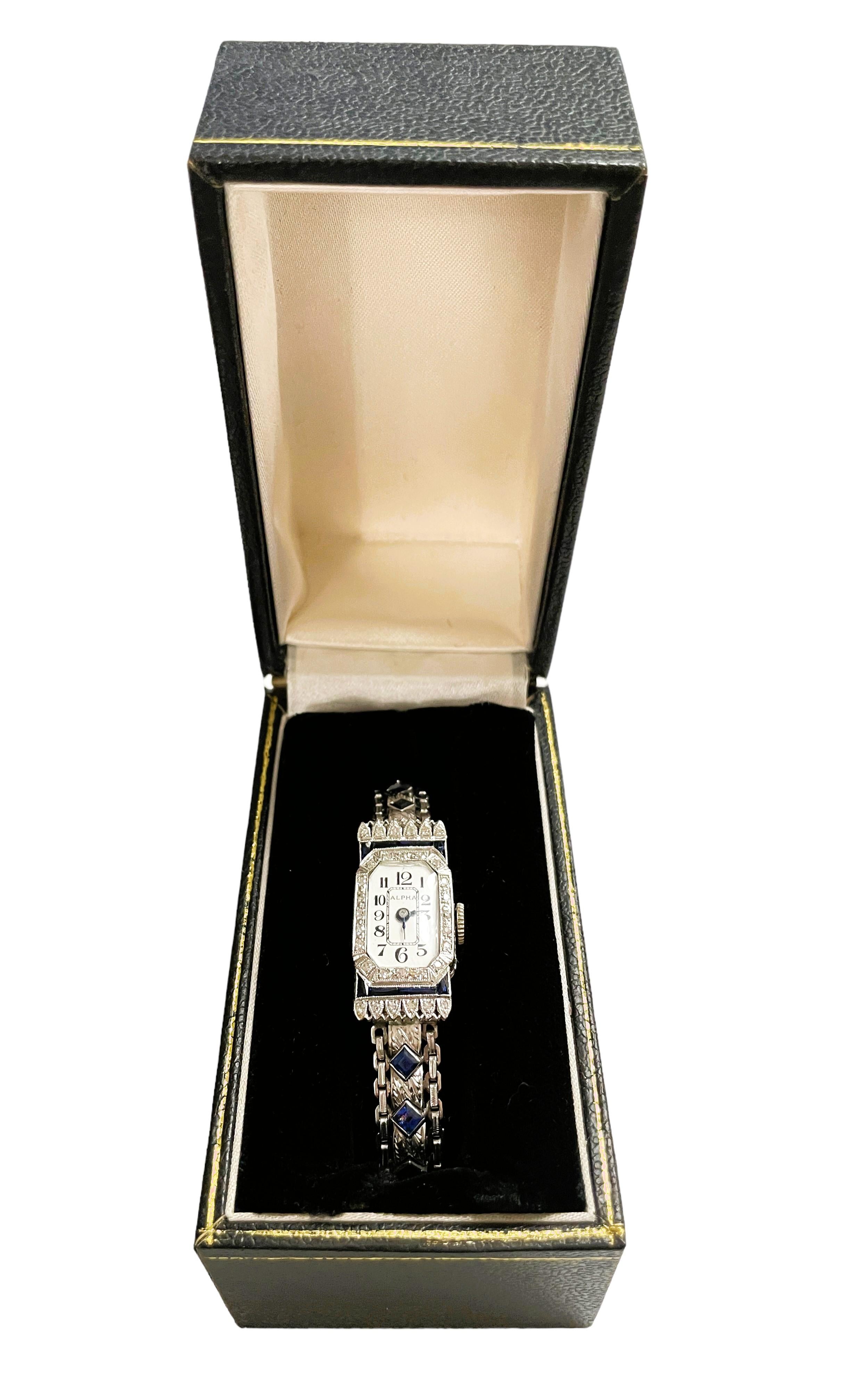 Handmade Antique Platinum Sapphire & Diamond Watch w Xtra Links In Good Condition For Sale In Eagan, MN