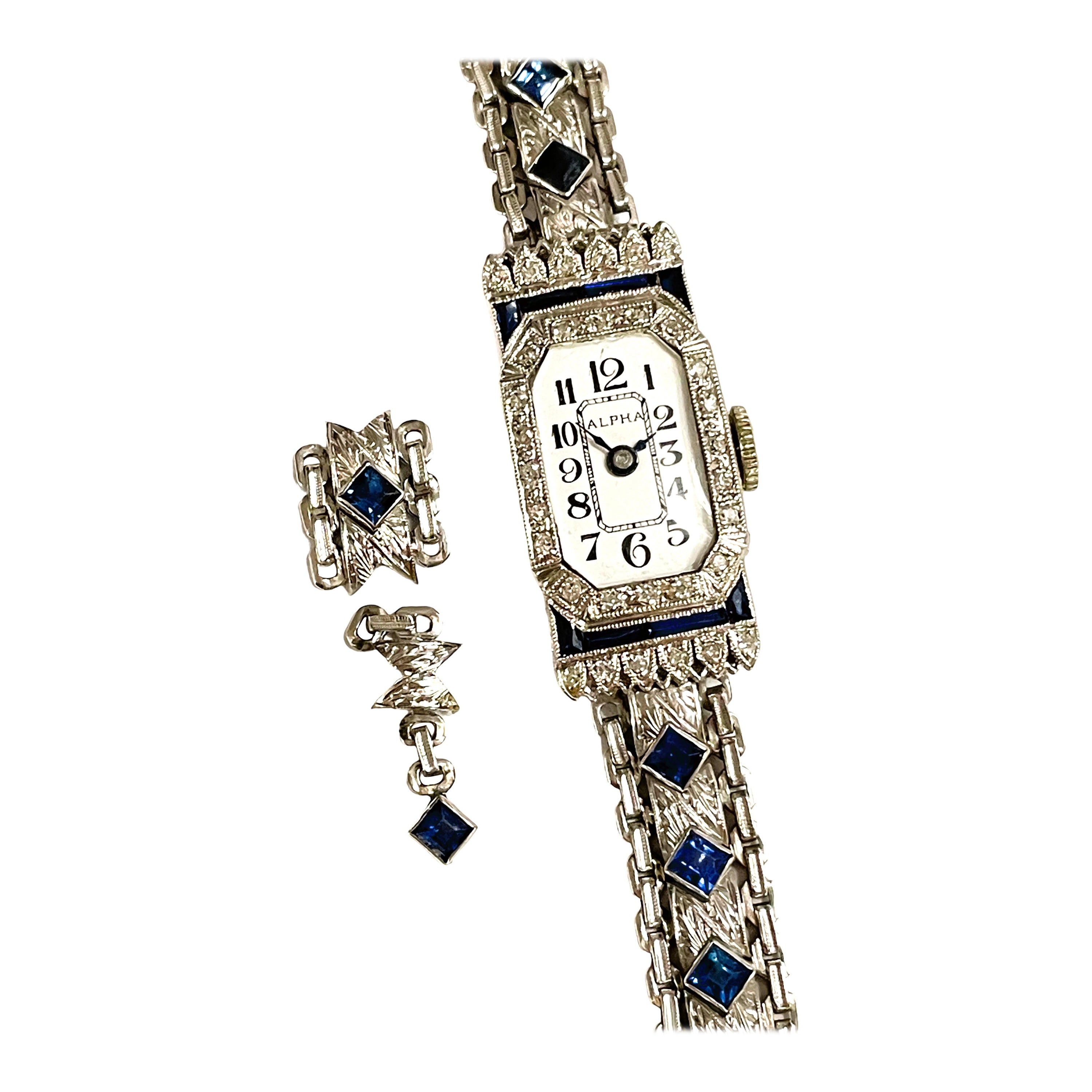 Handgefertigte antike Platin-Uhr mit Saphiren und Diamanten und Xtra-Gliedern, antik
