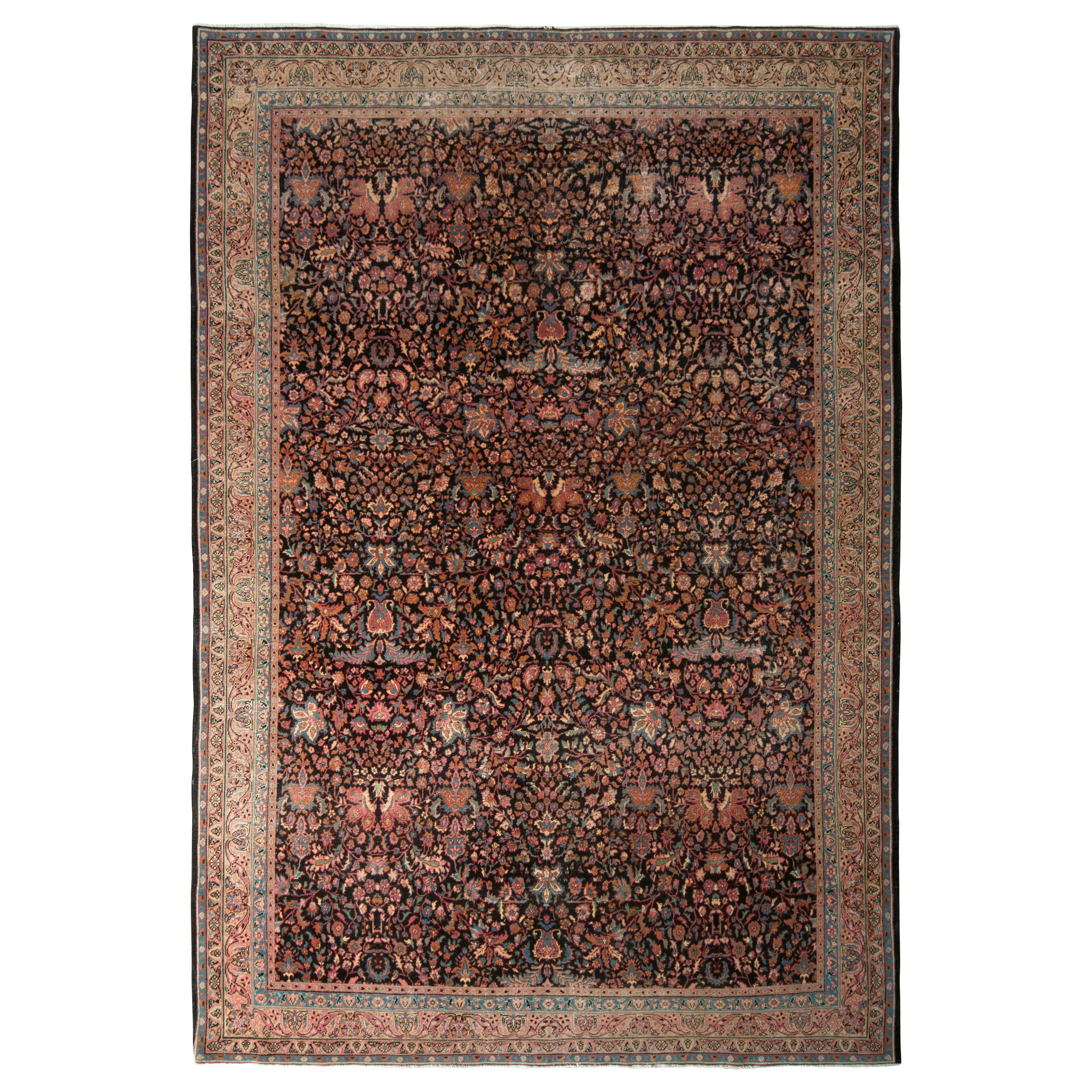 Handmade Antique Rug in Red and Beige All-Over Floral Pattern