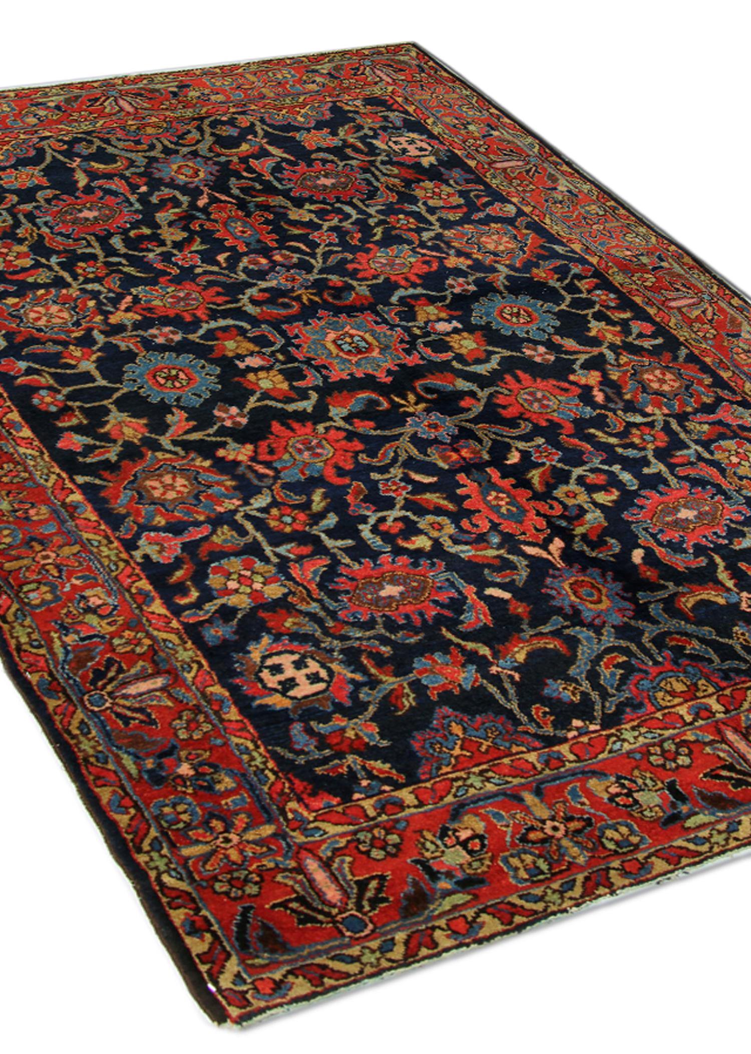 Are you looking for an antique carpet to uplift your home? Then look no further! This Fine Antique Rug is a beautiful example of traditional rugs woven in the early 20th century, circa 1900. The masterpiece features a dark background with