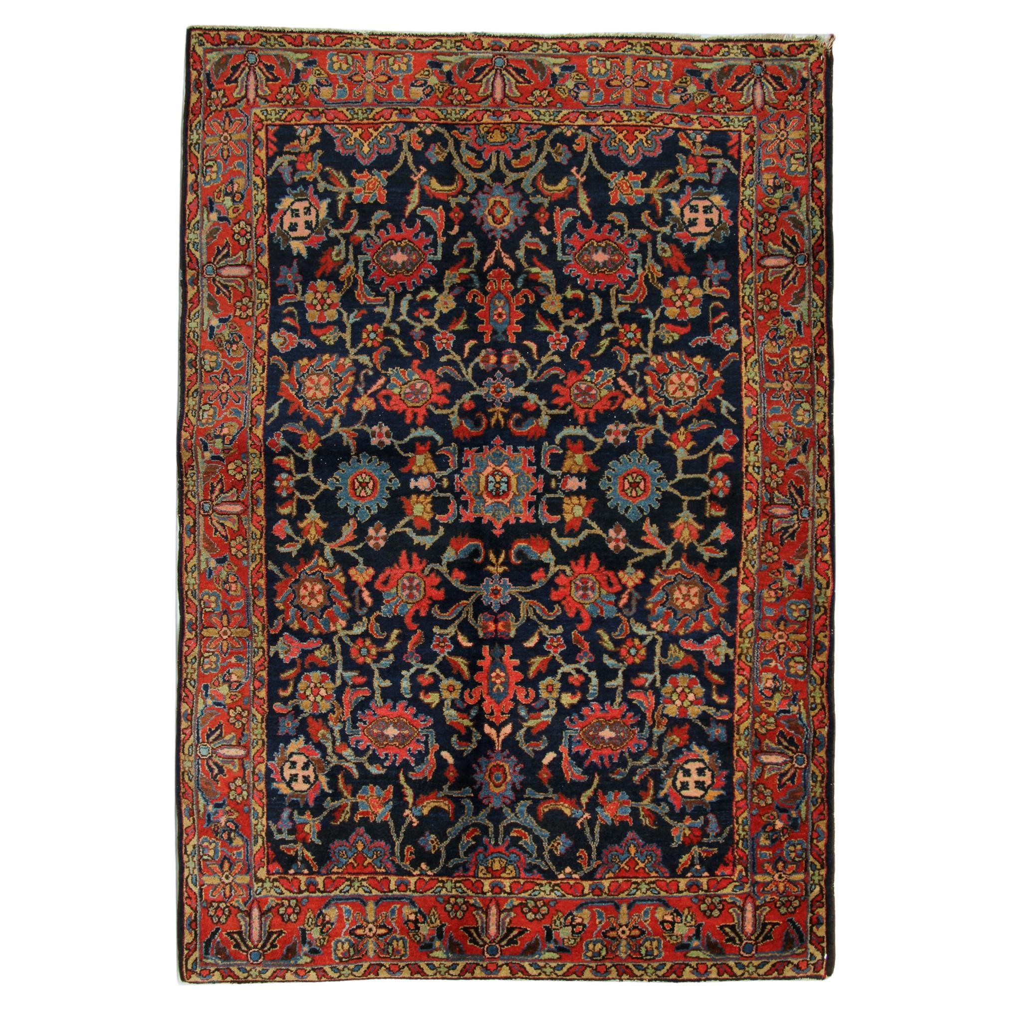 Handgefertigter antiker Teppich, traditioneller Teppich aus geblümter Wolle, Wohnzimmerteppich