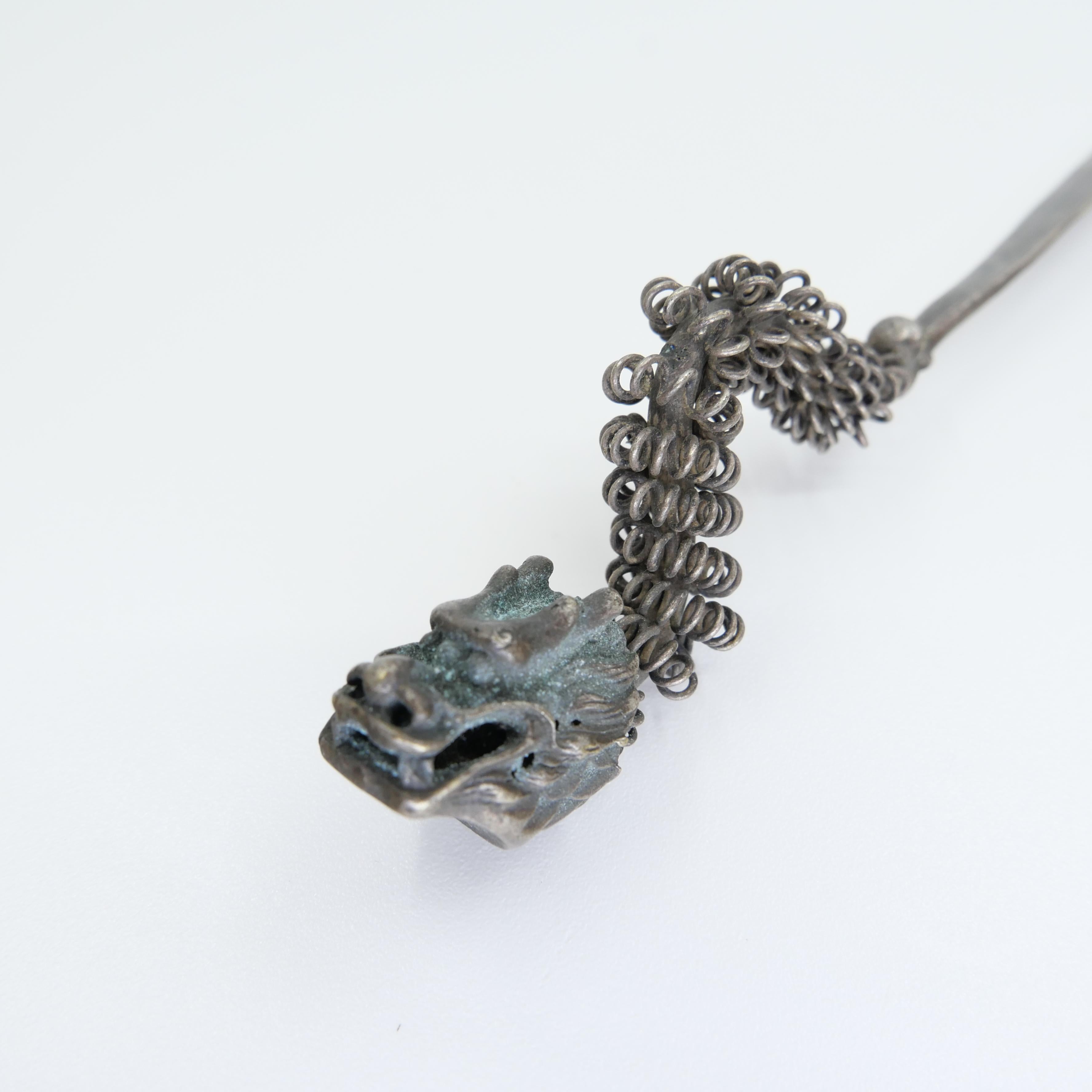 Handmade Antique Silver Dragon Hairpin, One of a Kind with Excellent Workmanship For Sale 8