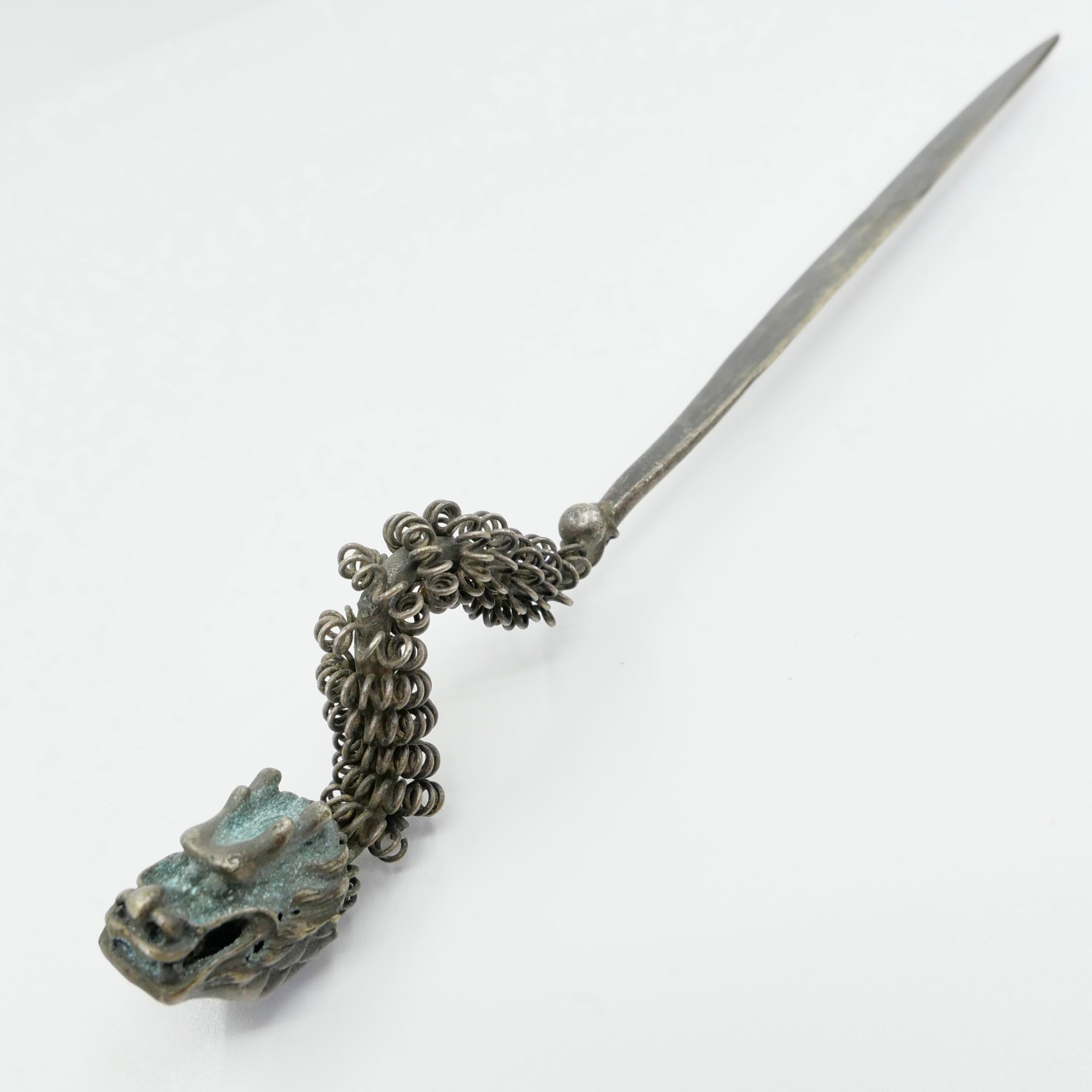 Handmade Antique Silver Dragon Hairpin, One of a Kind with Excellent Workmanship For Sale 9