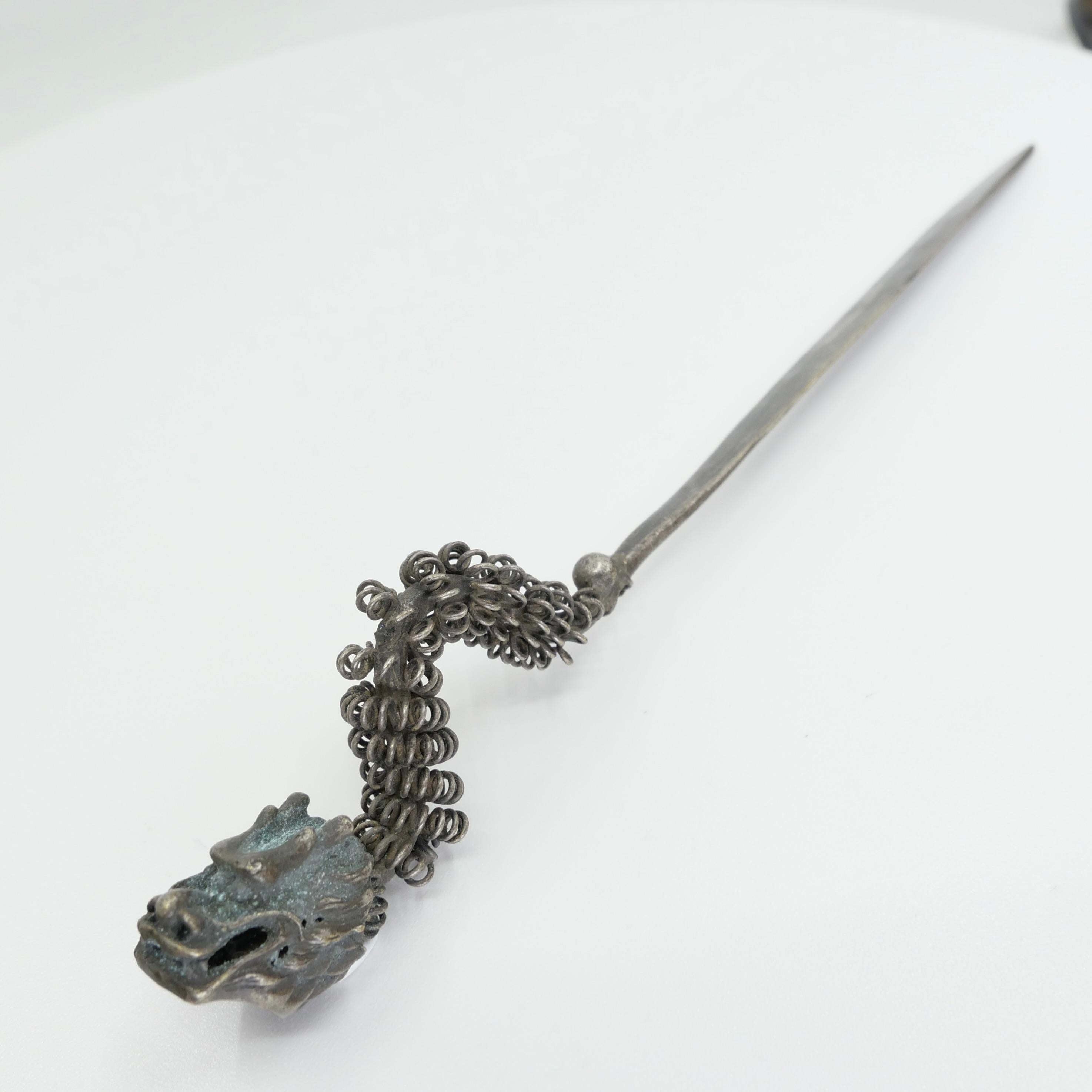 Handmade Antique Silver Dragon Hairpin, One of a Kind with Excellent Workmanship For Sale 11