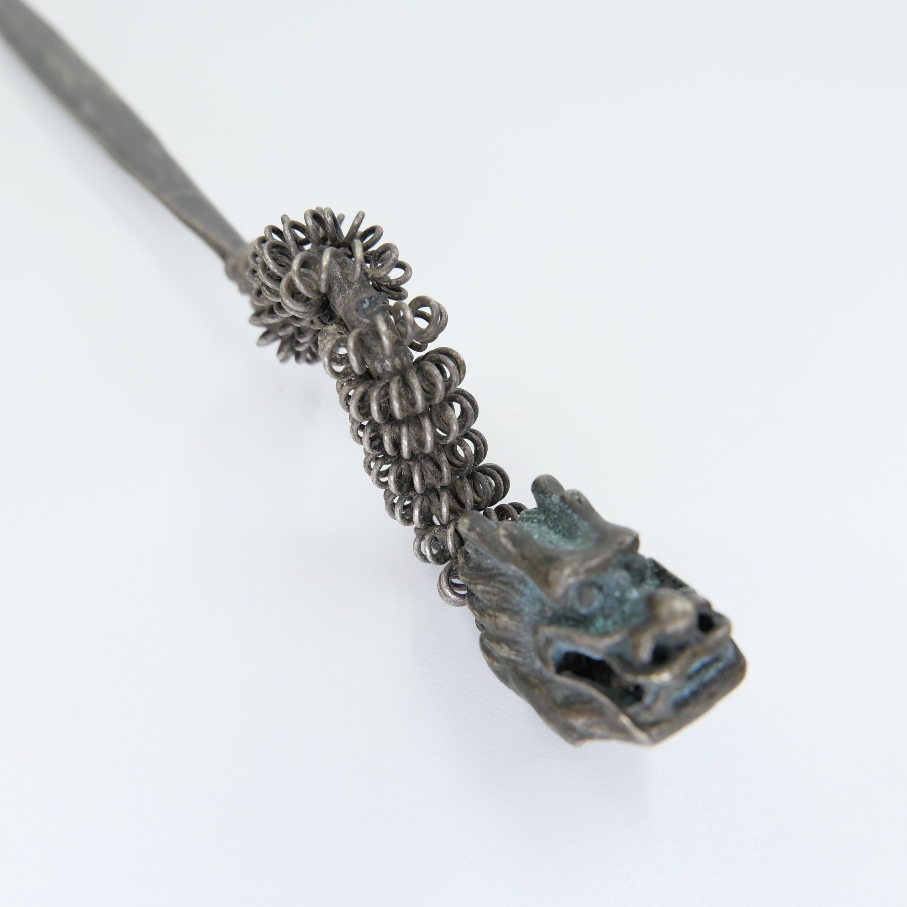 Handmade Antique Silver Dragon Hairpin, One of a Kind with Excellent Workmanship For Sale 13