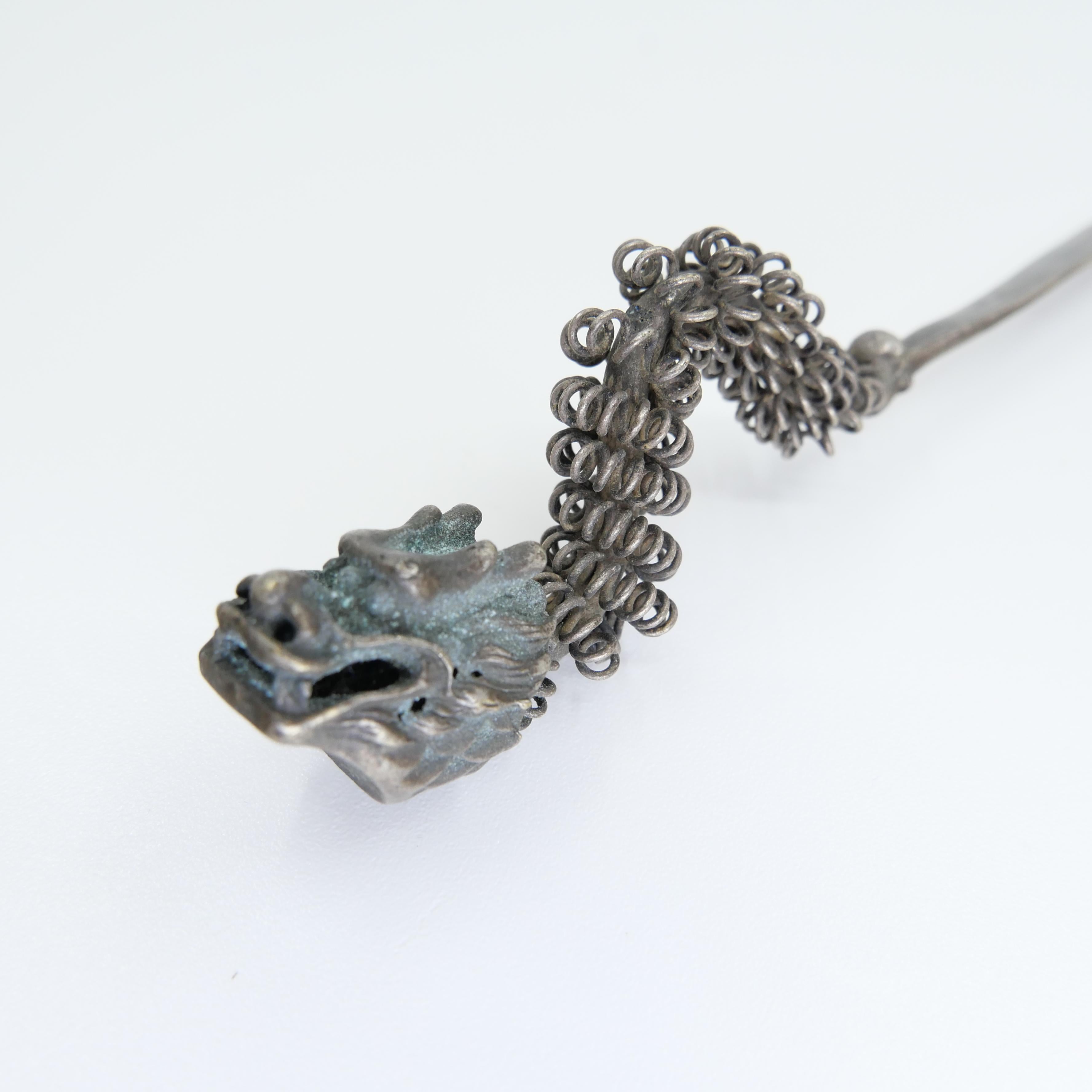 Handmade Antique Silver Dragon Hairpin, One of a Kind with Excellent Workmanship For Sale 14