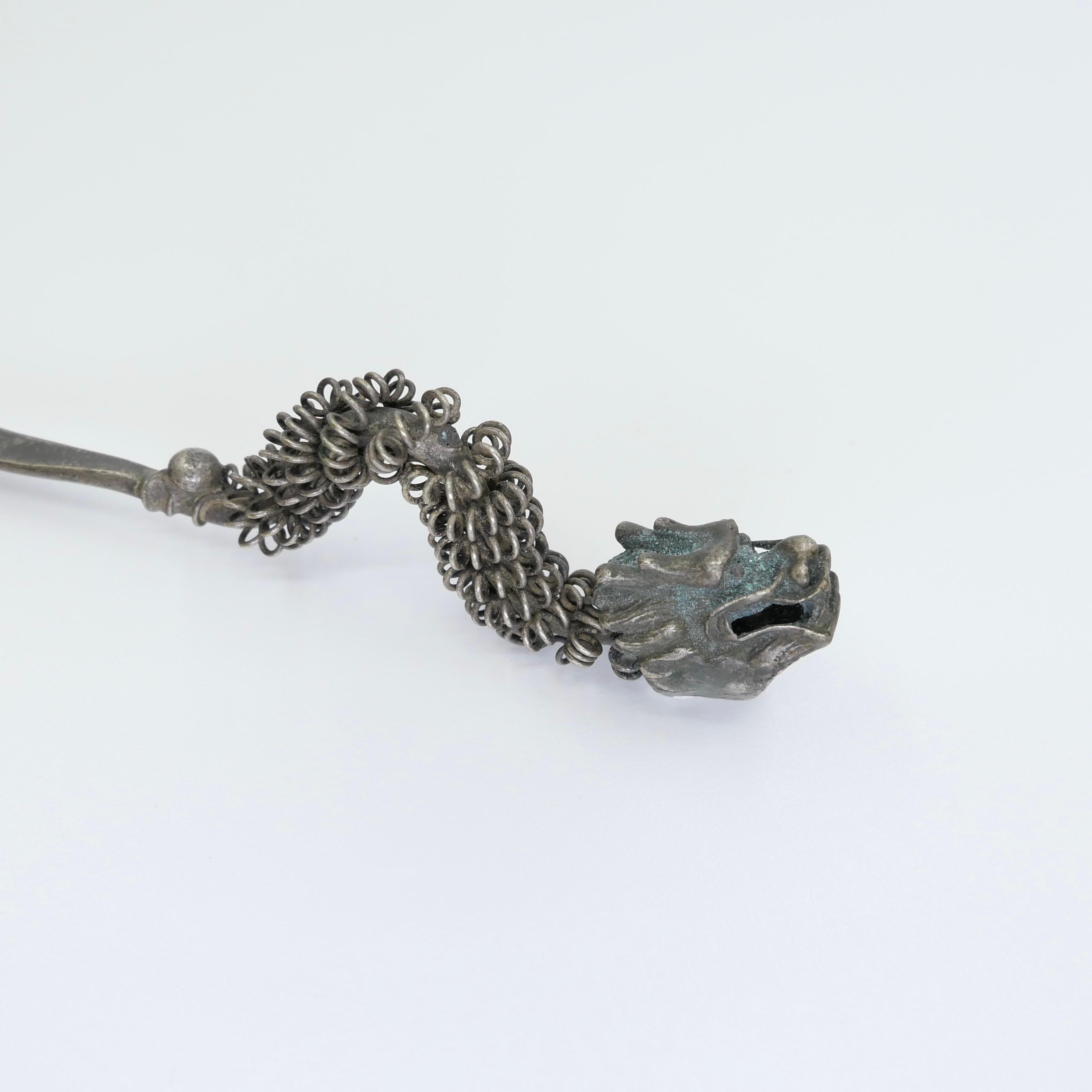Women's Handmade Antique Silver Dragon Hairpin, One of a Kind with Excellent Workmanship For Sale