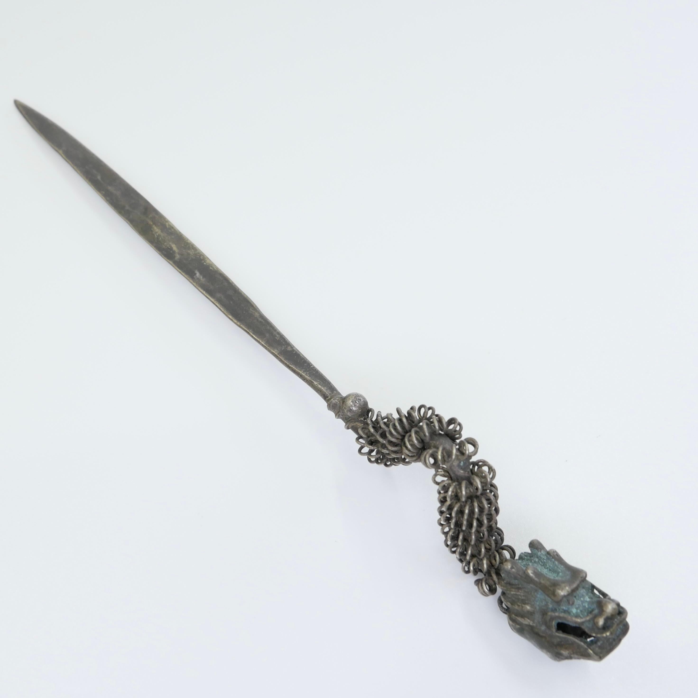 Handmade Antique Silver Dragon Hairpin, One of a Kind with Excellent Workmanship For Sale 1