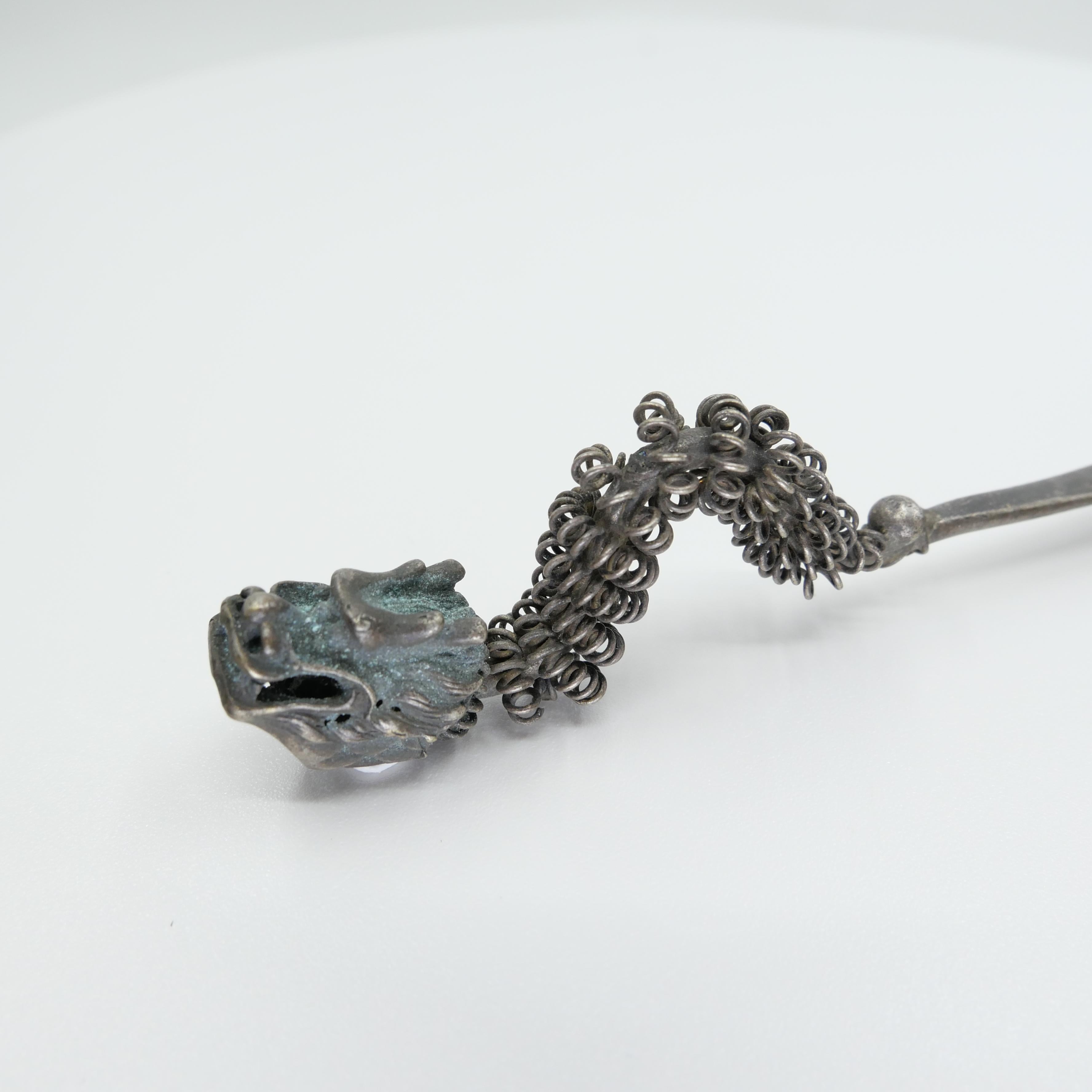 Handmade Antique Silver Dragon Hairpin, One of a Kind with Excellent Workmanship For Sale 4