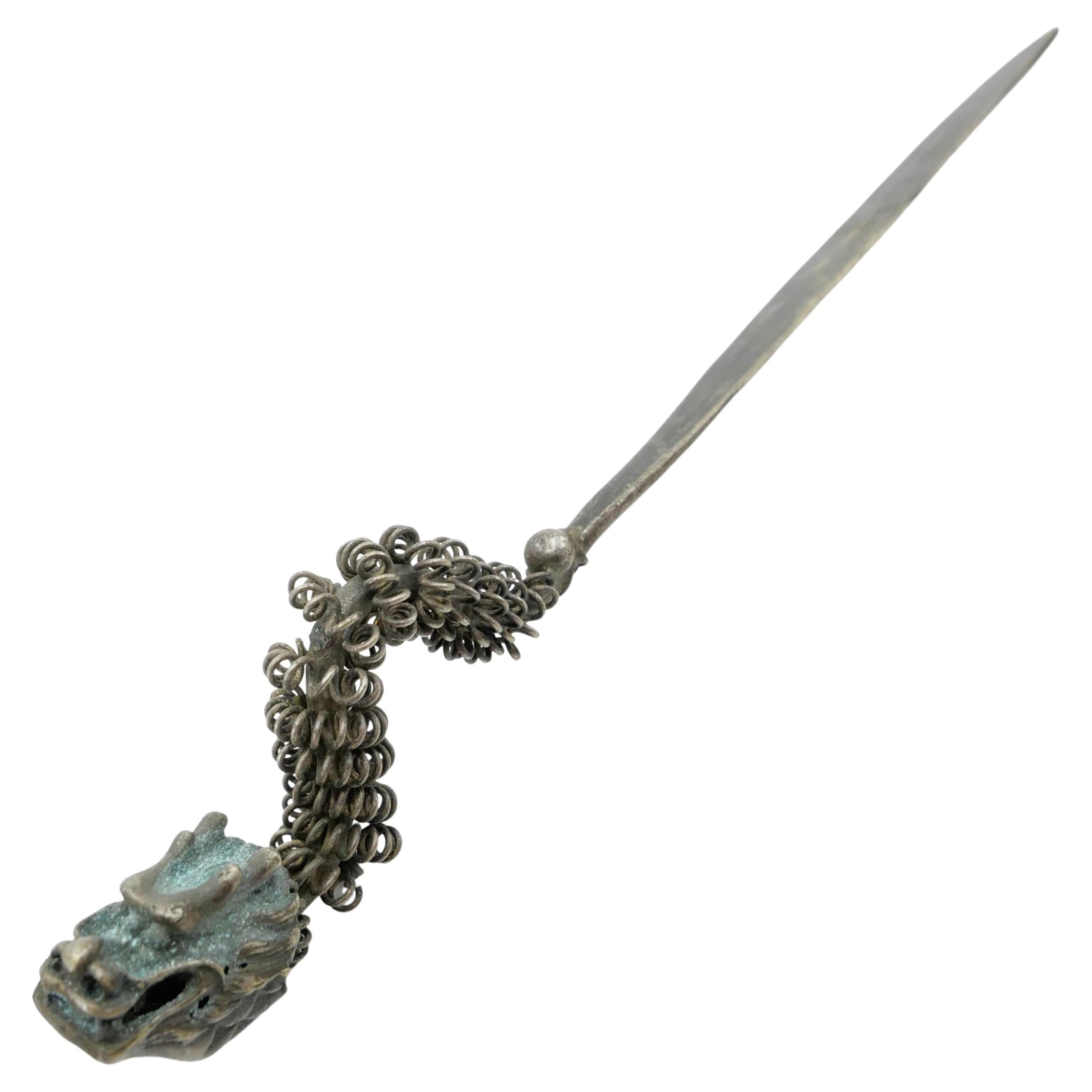 Handmade Antique Silver Dragon Hairpin, One of a Kind with Excellent Workmanship For Sale