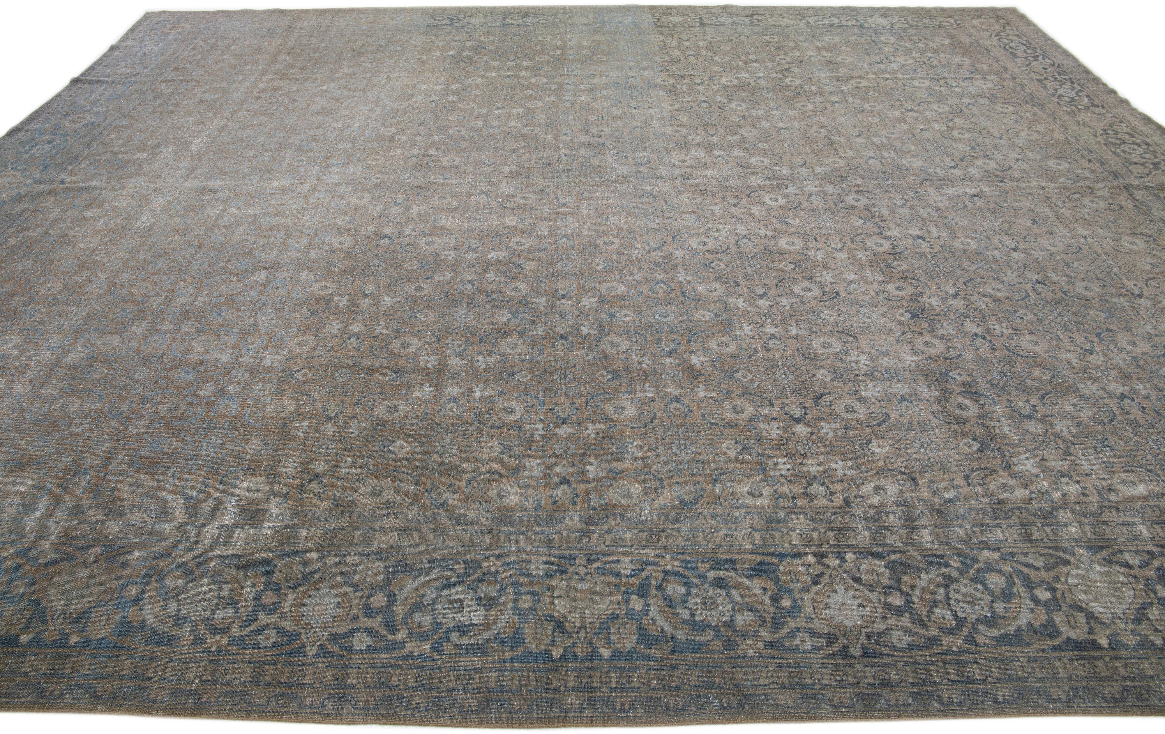 Handmade Antique Tabriz Brown Persian Wool Rug with Floral Motif In Good Condition For Sale In Norwalk, CT