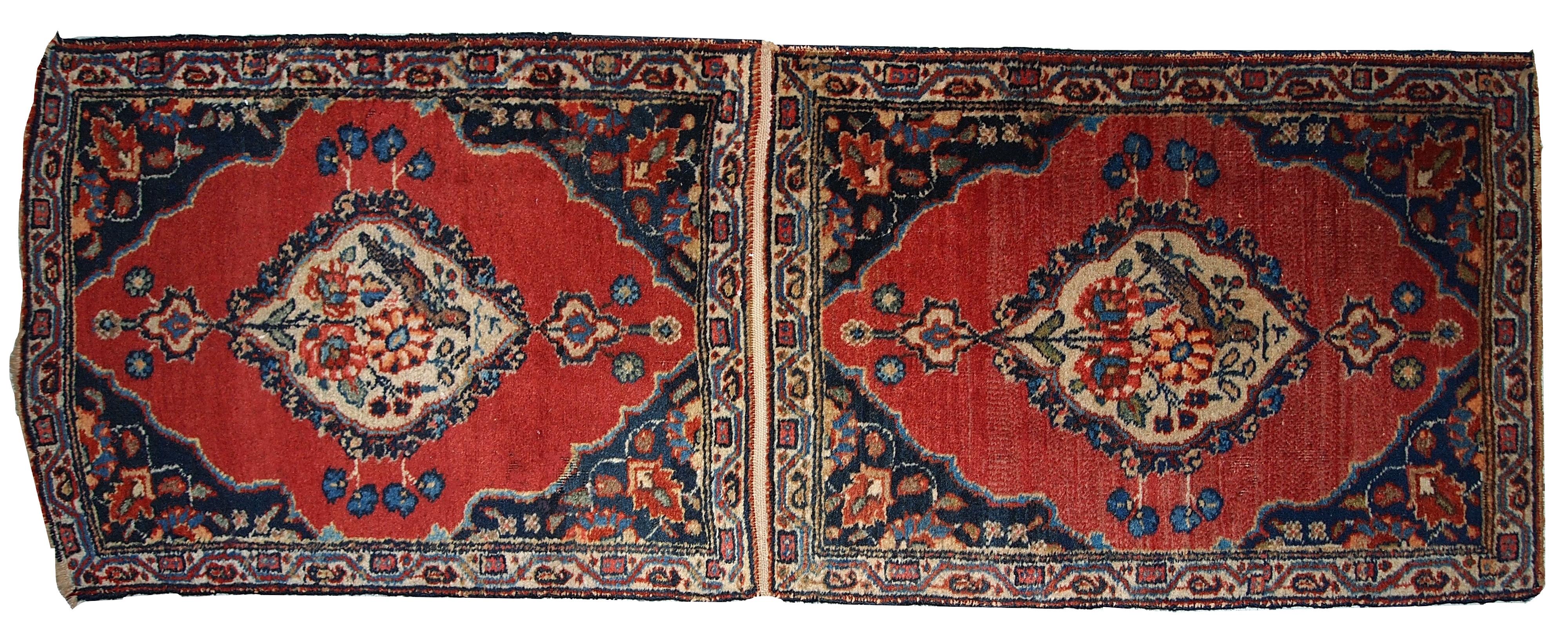 Antique Tabriz double mat in original good condition, one of the rugs has some low pile. The design is traditional with decorative birds in the centre. Measures: 1.7' x 4.7' (52 cm x 143 cm).