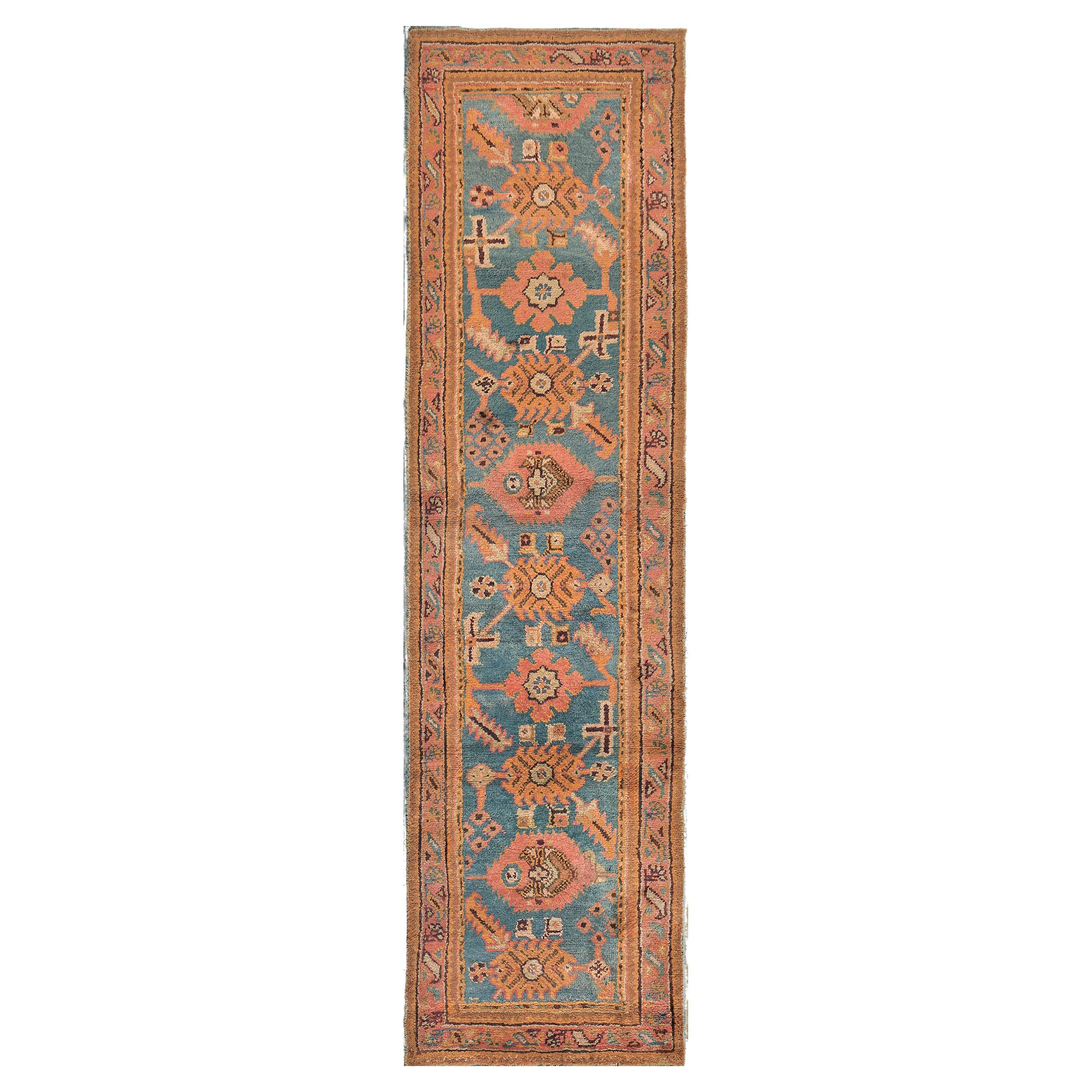Handmade Antique Traditional Wool Burnt-Orange Oushak Runner