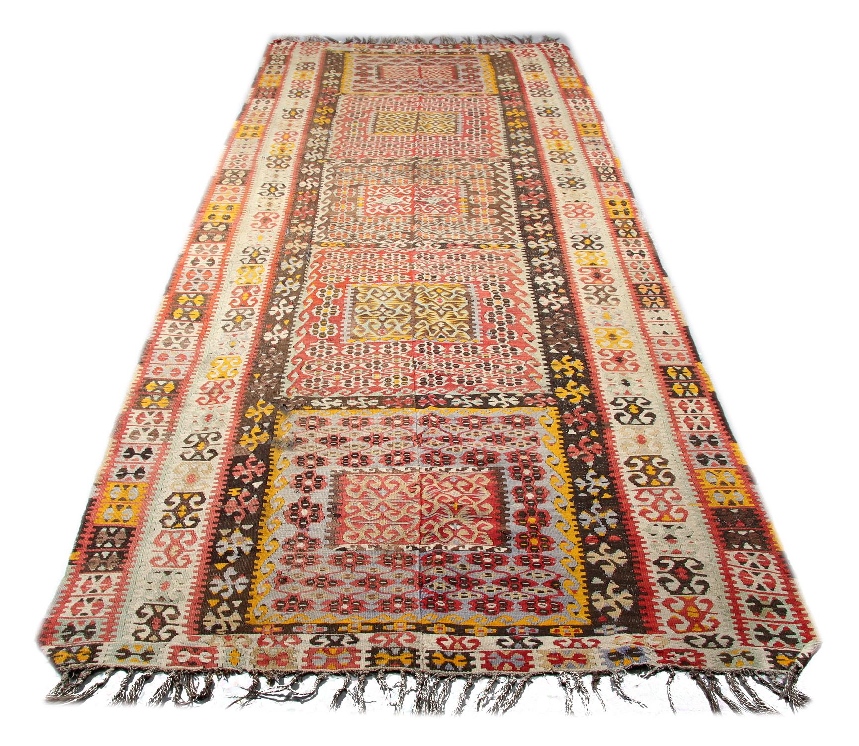 Hand-Knotted Handmade Carpet Antique Turkish Kilim Rug Traditional Tribal Runner Rug For Sale