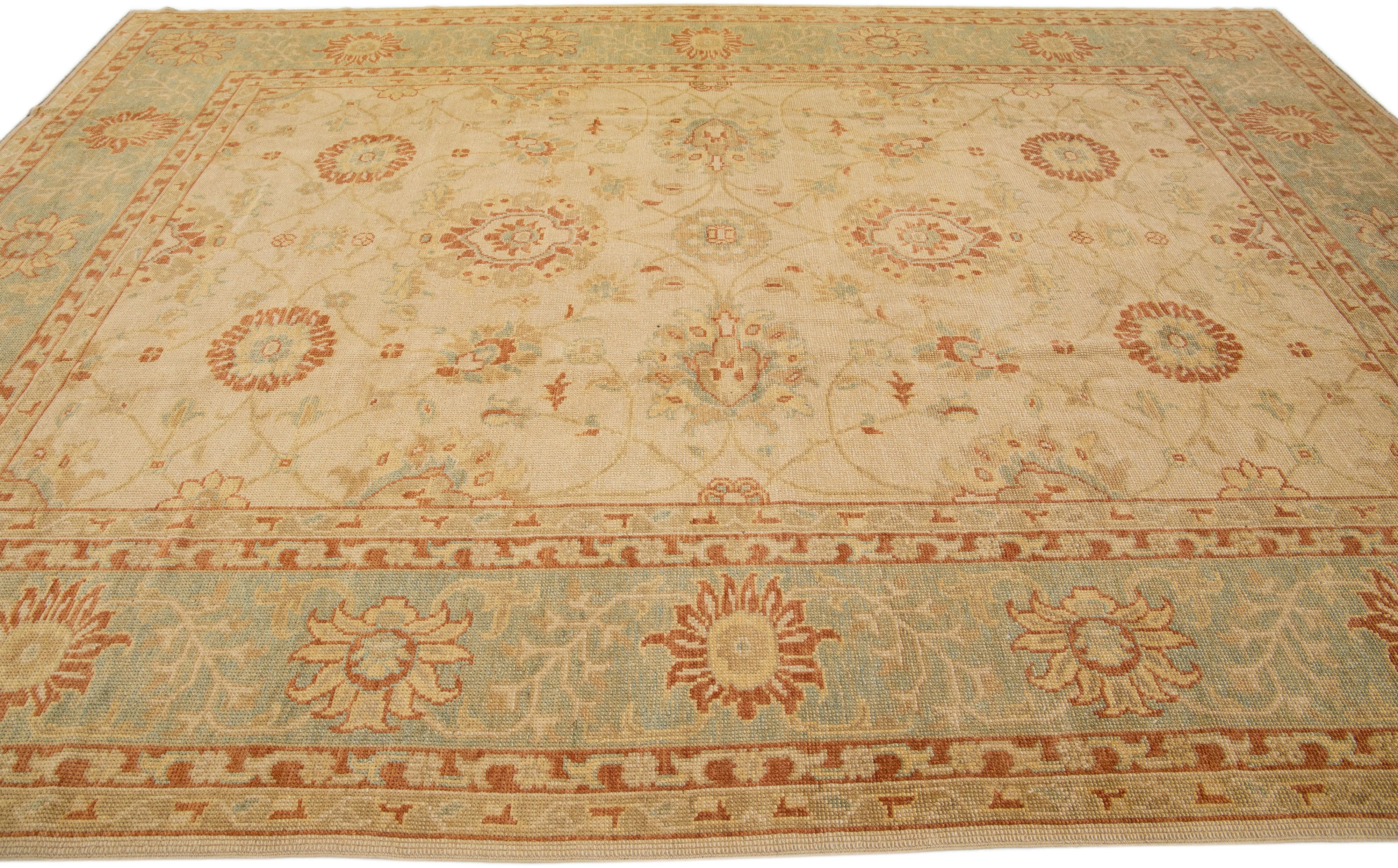 Handmade Modern Turkish Wool Rug with Tan Floral Field In Good Condition For Sale In Norwalk, CT