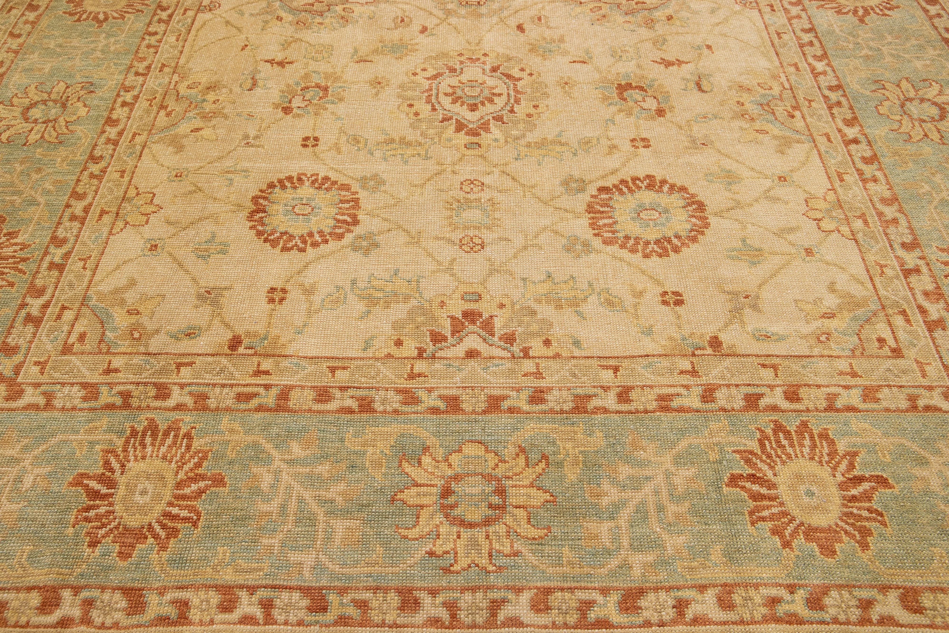 Contemporary Handmade Modern Turkish Wool Rug with Tan Floral Field For Sale