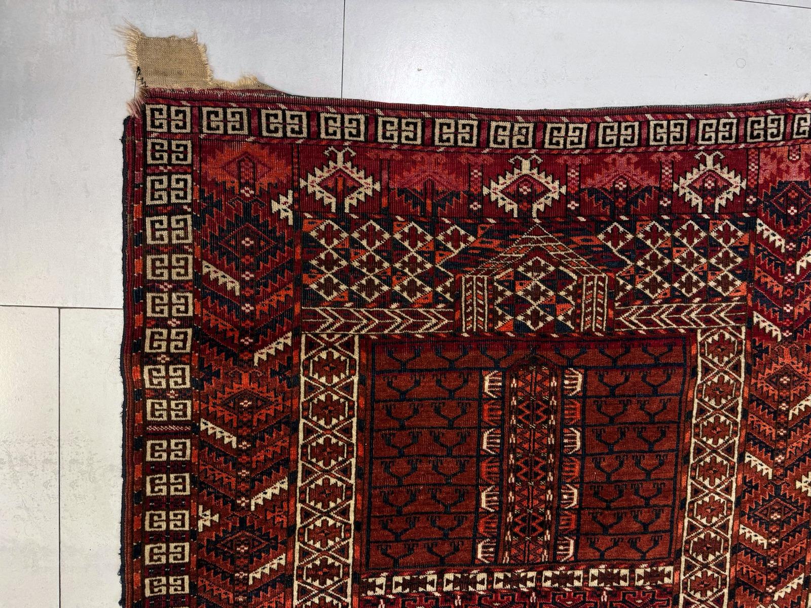 Alfombra Hachli turcomana antigua hecha a mano 3,6' x 4,7, años 1870 - 2B86 Fines del siglo XIX en venta