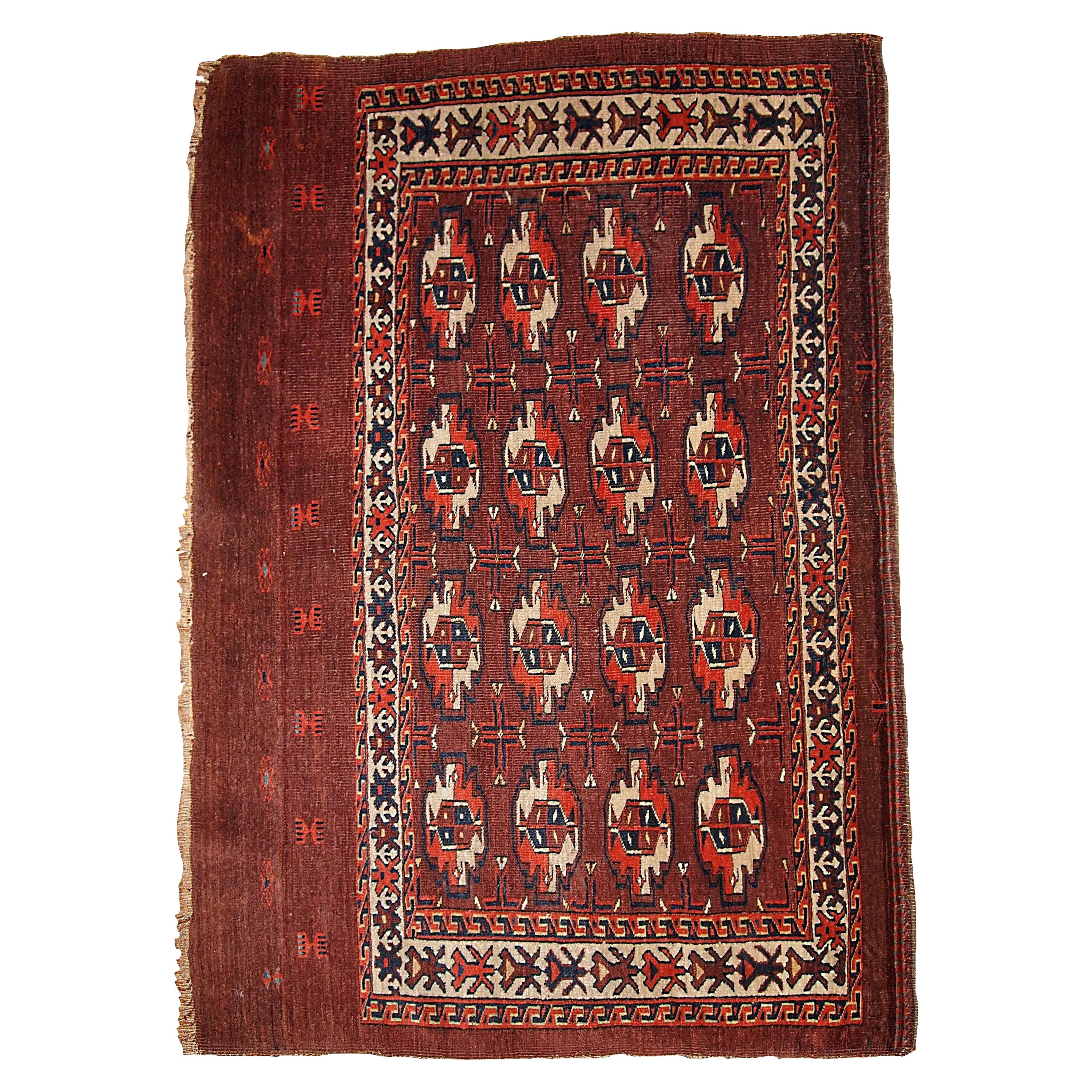 Handmade Antique Turkmen Tekke Rug, 1860s, 1B353