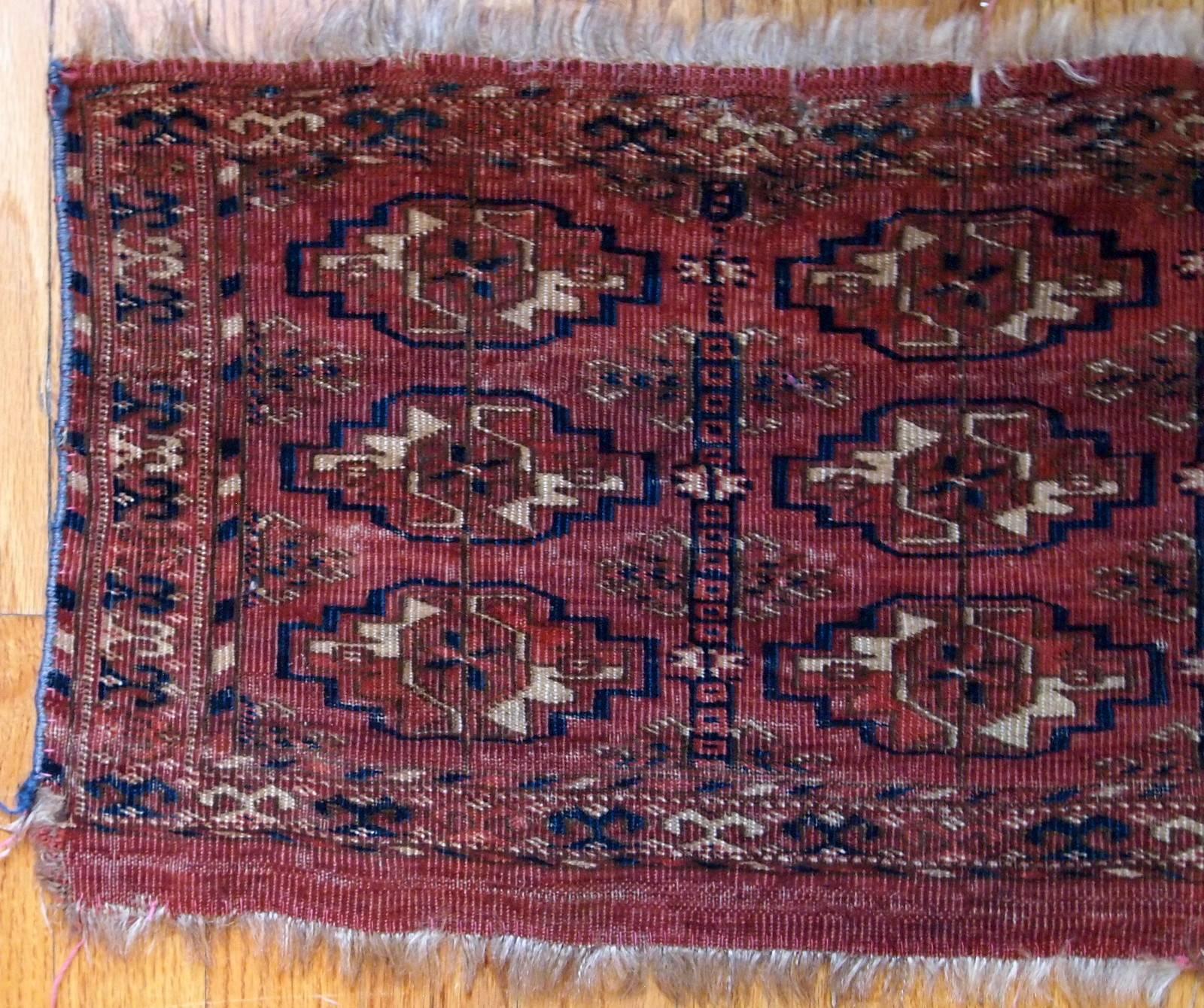 Handmade Antique Turkmen Tekke Torba Rug, 1860s, 1B602 In Fair Condition In Bordeaux, FR