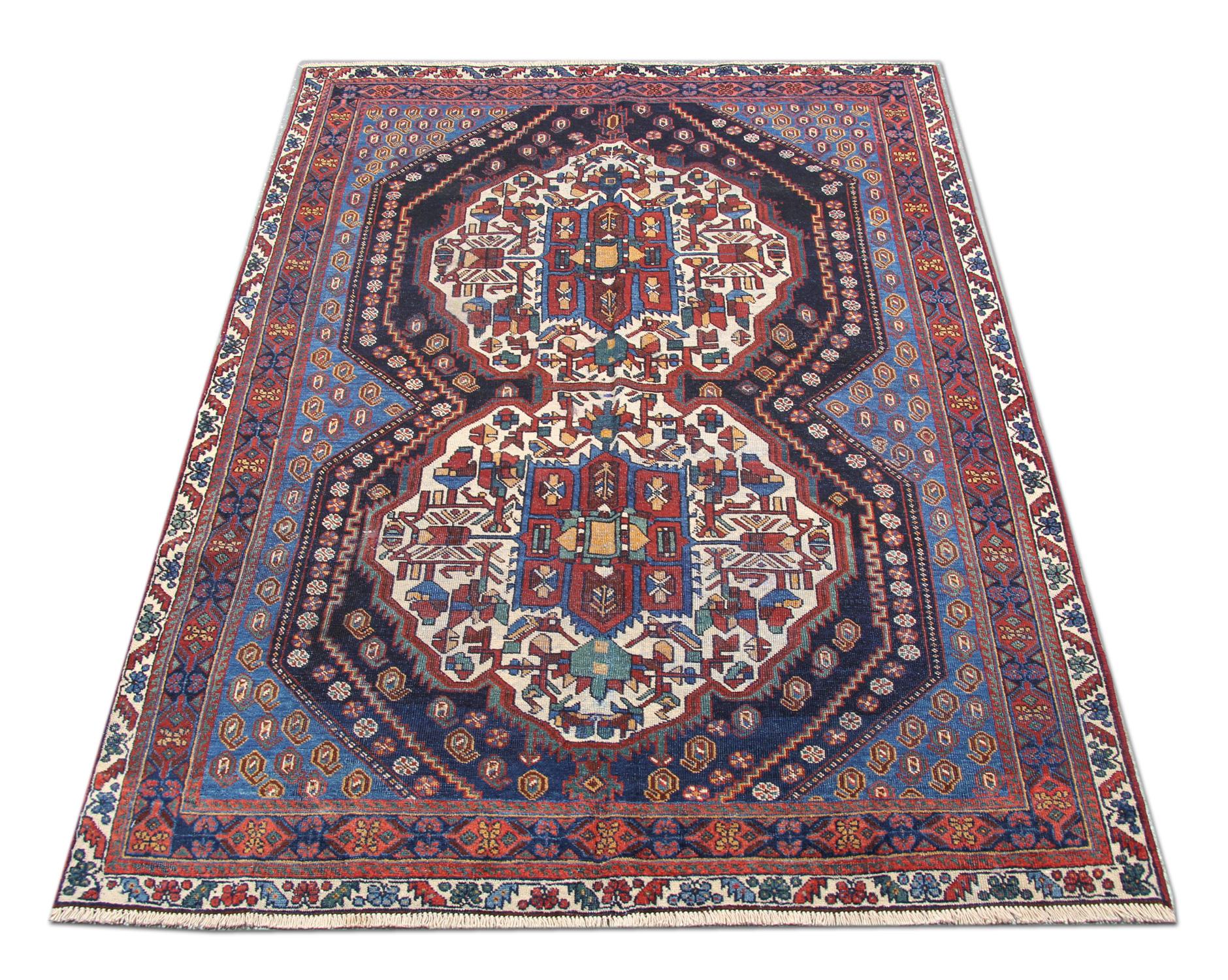 Azerbaijani Handmade Antique Wool Rug Traditional Carpet Blue Living Room Rug For Sale