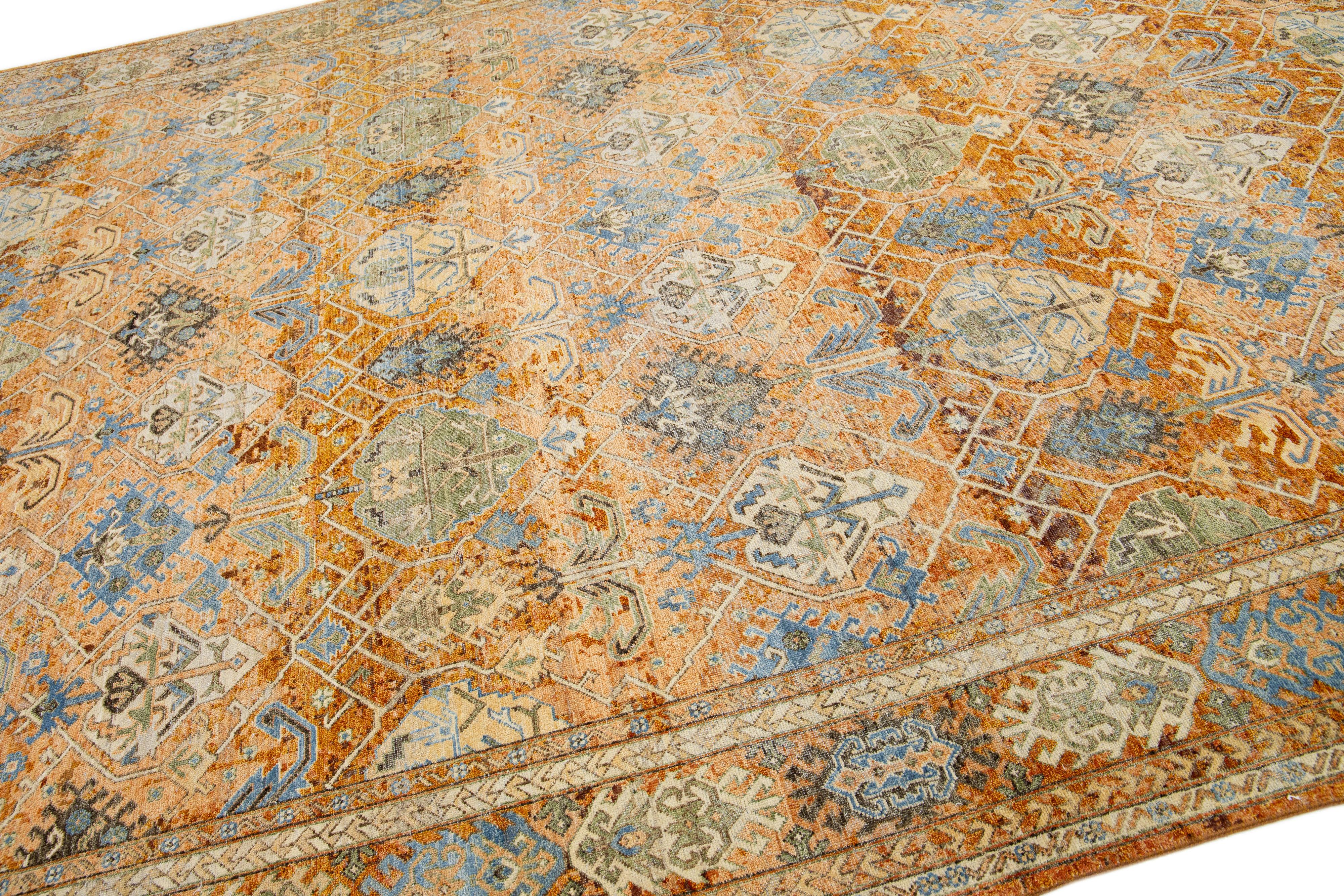 Modern Handmade Apadana's Persian Tabriz Style Wool Rug with Allover Design in Orange For Sale