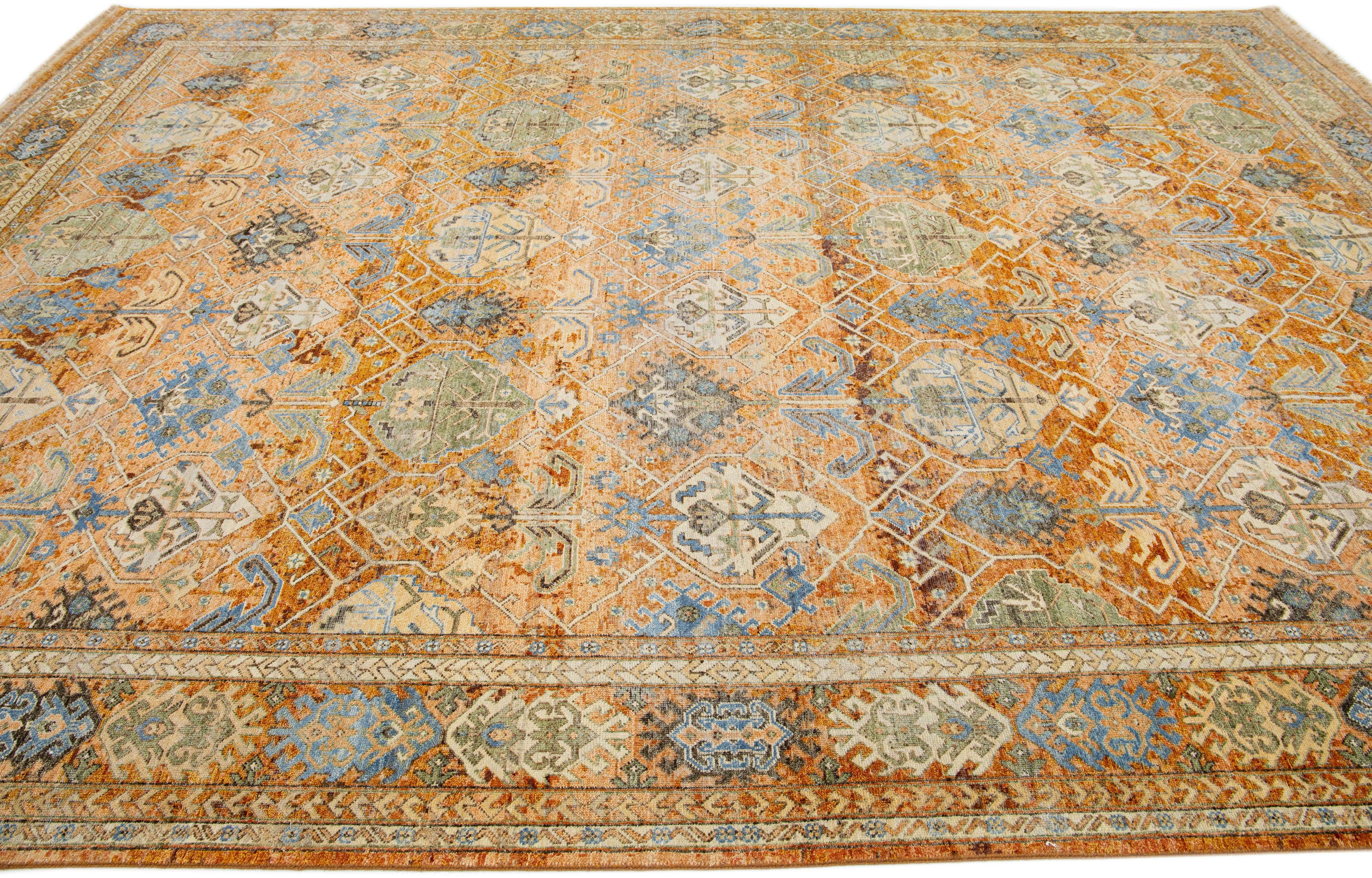 Indian Handmade Apadana's Persian Tabriz Style Wool Rug with Allover Design in Orange For Sale