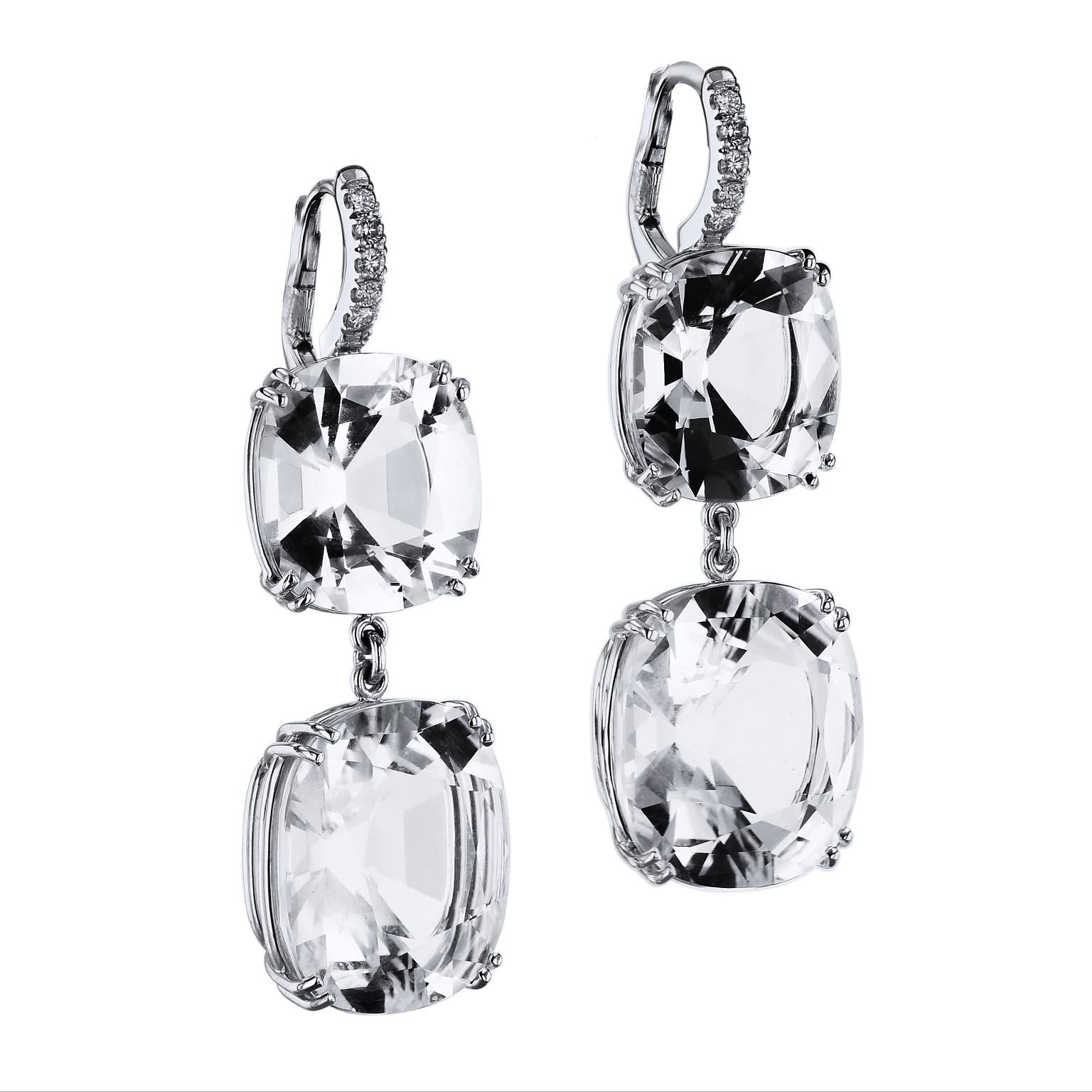 42.83 carats of Arkansas Quartz with Pave Diamonds 18 karat White Gold Earrings

Blind the crowd with the sparkle of these H&H Jewels handmade, one of a kind, 18 karat white gold cushion cut Arkansas Quartz earrings.
These stunning earrings have a