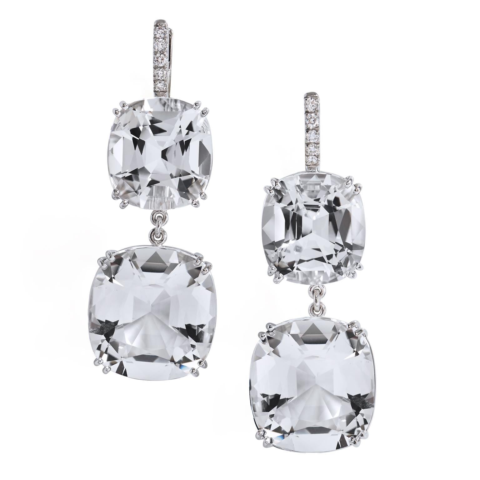 42.83 carats of Arkansas Quartz with Pave Diamonds 18 karat White Gold Earrings