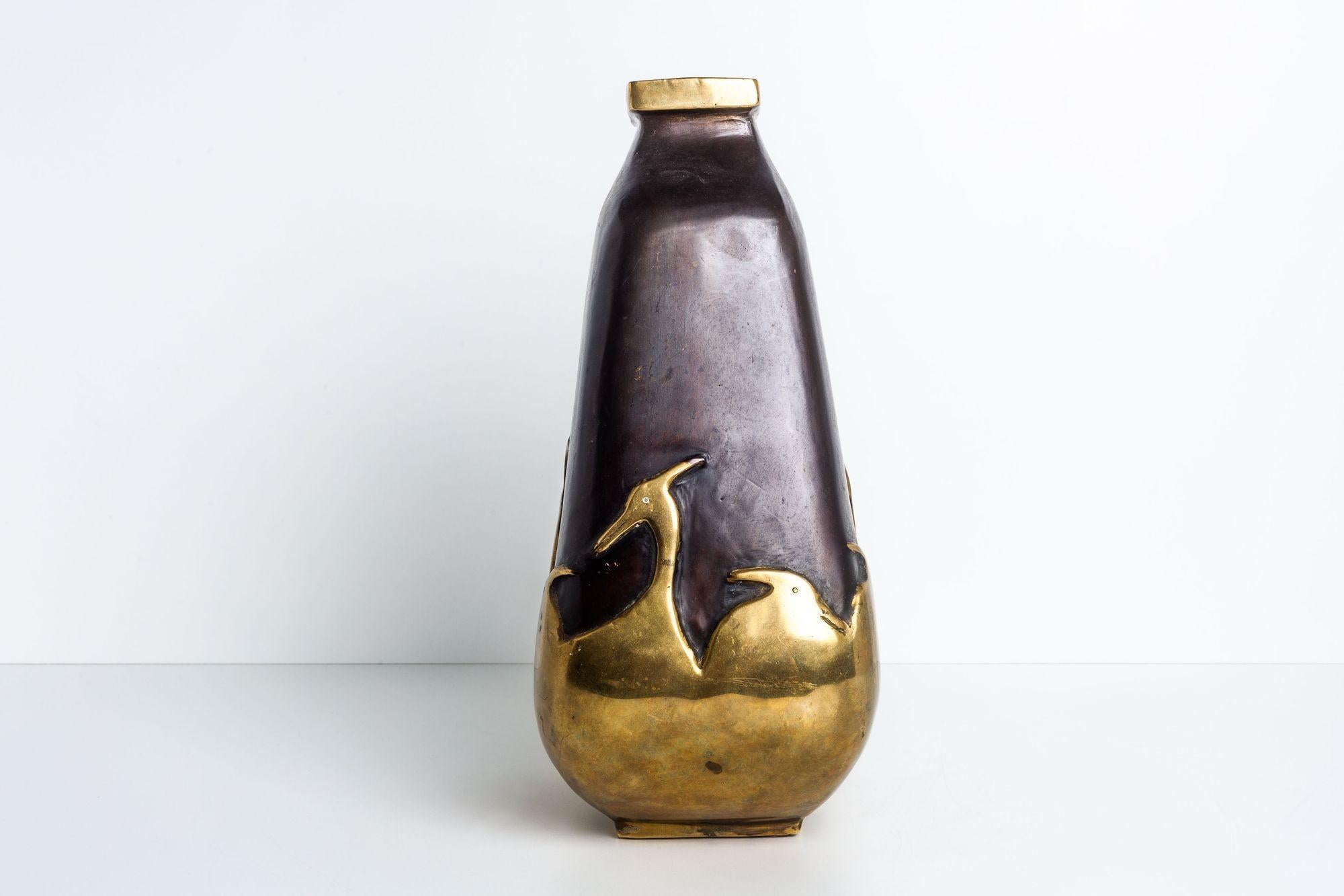 Japanese Handmade Art Deco Bronze Vase with Herons Overlay For Sale