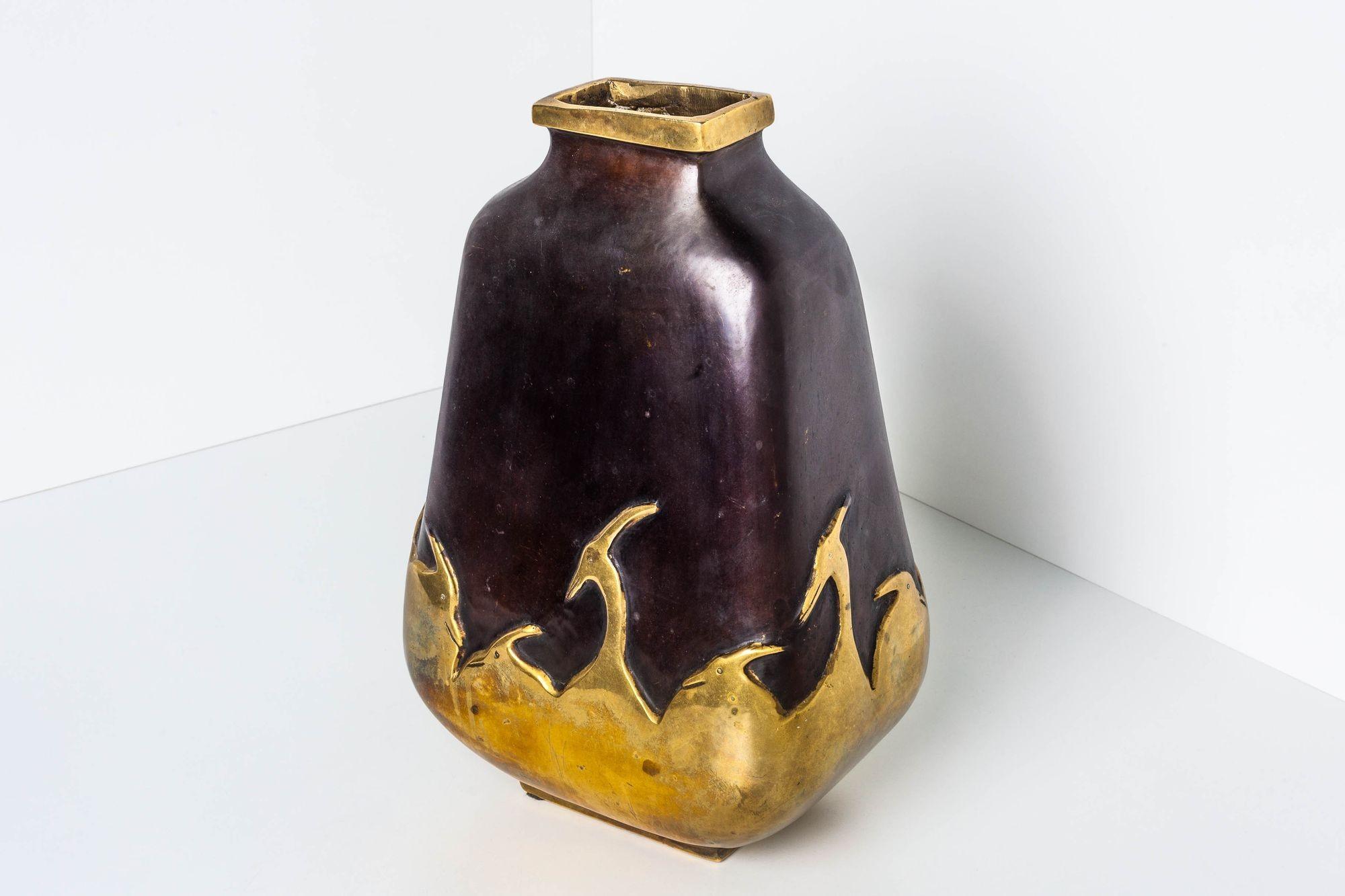 Cast Handmade Art Deco Bronze Vase with Herons Overlay For Sale