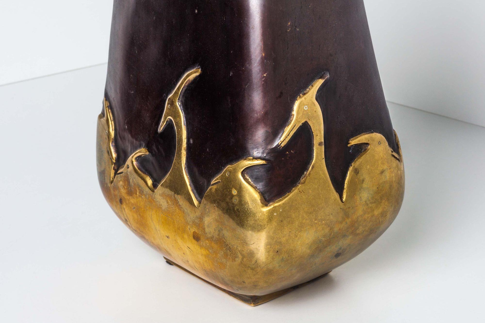 Handmade Art Deco Bronze Vase with Herons Overlay In Good Condition For Sale In Chicago, IL