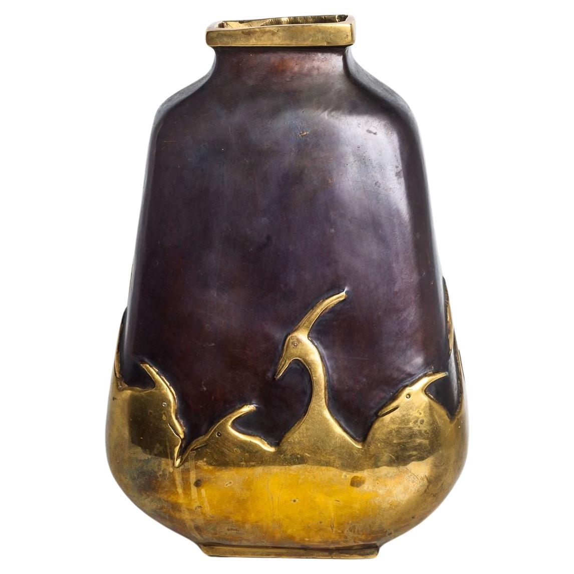 Handmade Art Deco Bronze Vase with Herons Overlay For Sale