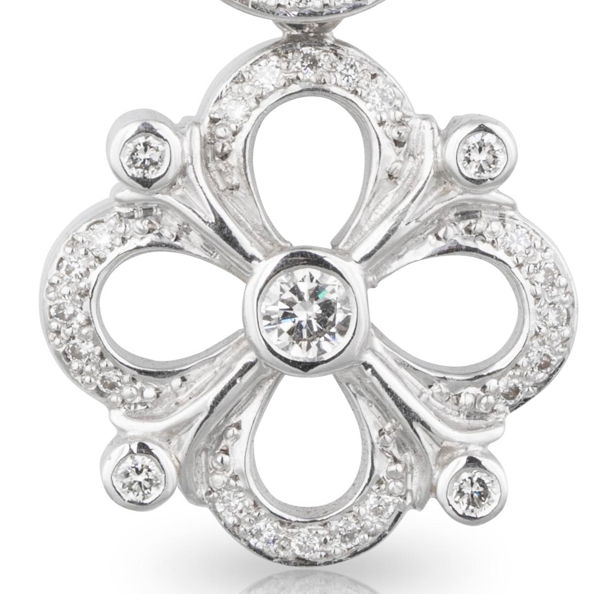 Round Cut Handmade 18ct White Gold Art Deco Style Diamond Clover Necklace For Sale