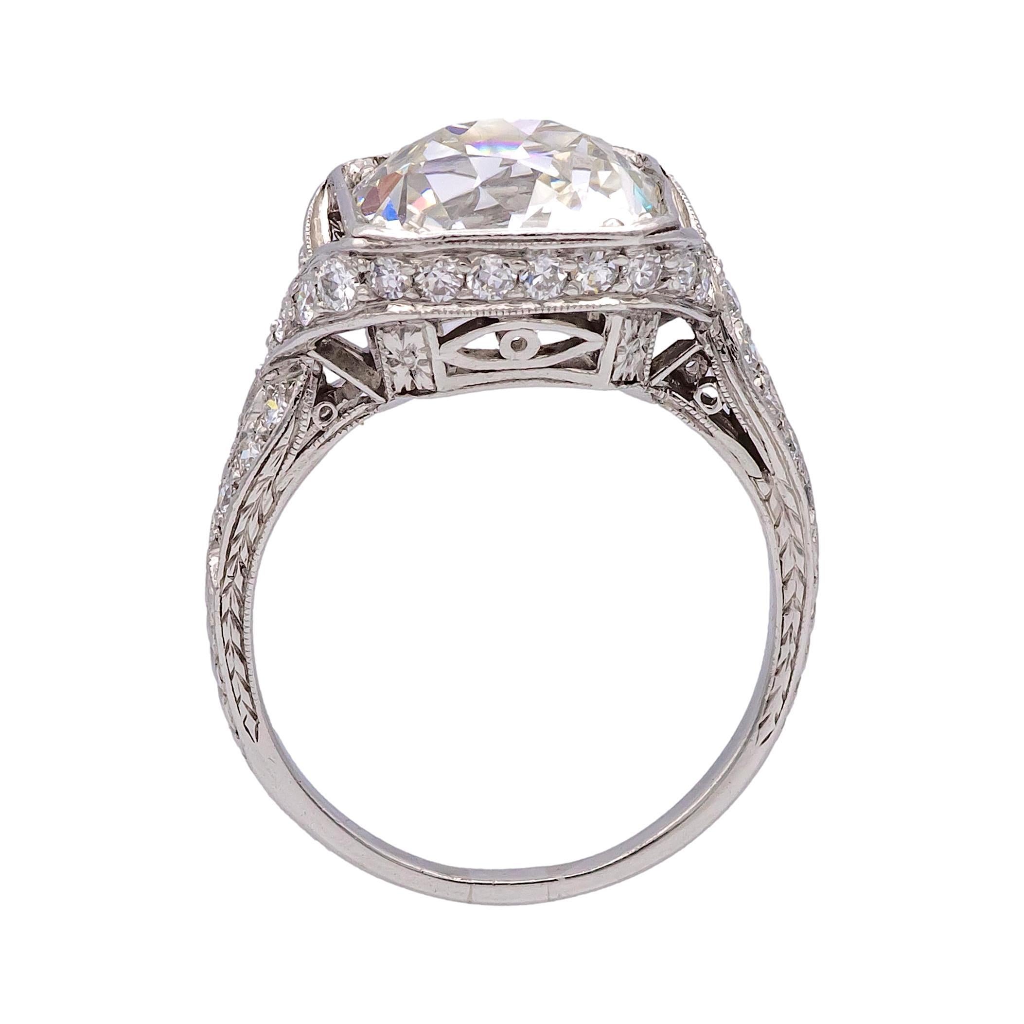Handmade Art Deco Platinum Ring 4.11 Ct Old Mine Cut Diamond – I/VS2 GIA For Sale 3