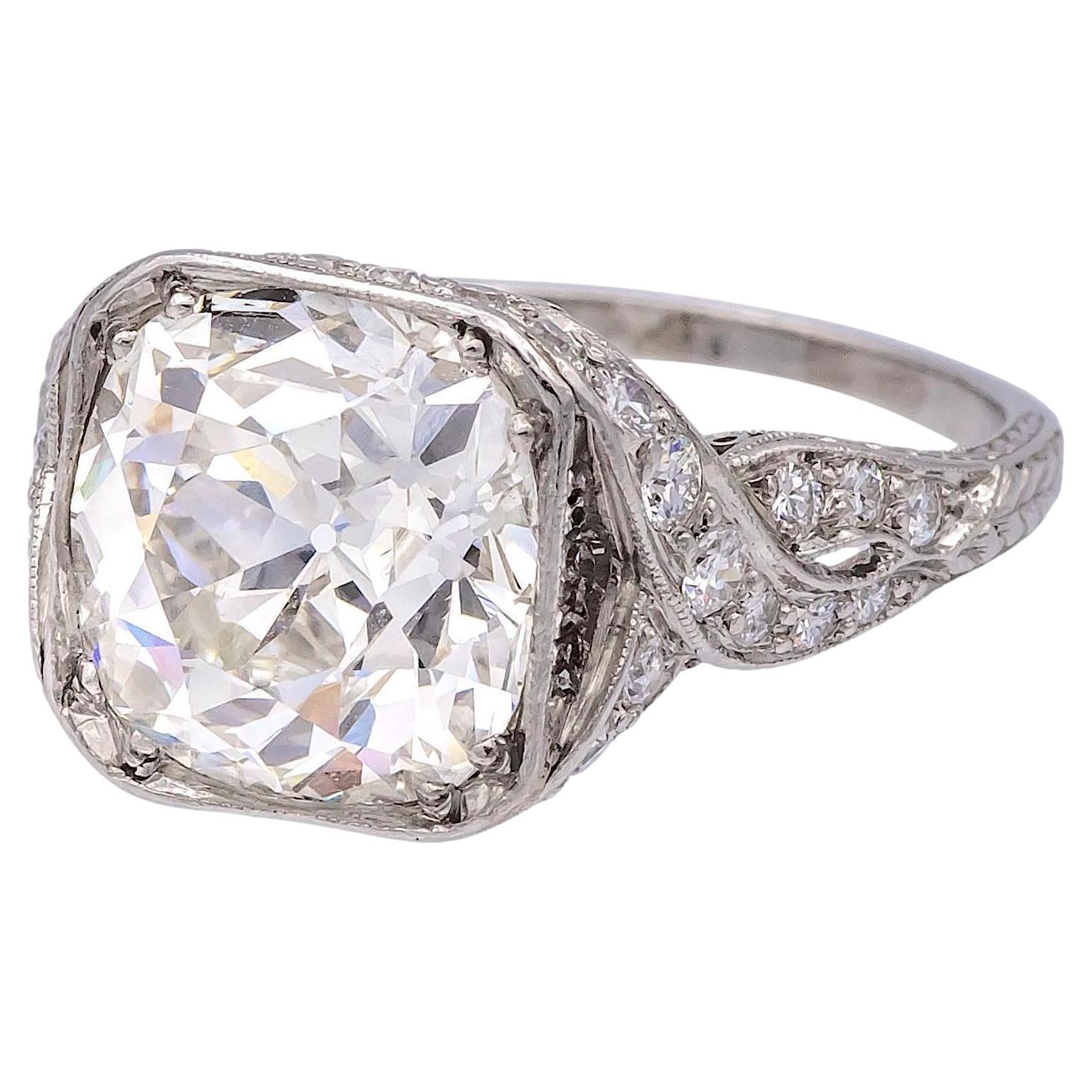 Handmade Art Deco Platinum Ring 4.11 Ct Old Mine Cut Diamond – I/VS2 GIA