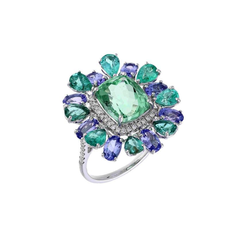Women's Handmade Art Deco Ring 18k White Gold/ Tourmaline Emerald Tanzanite Diamond Ring