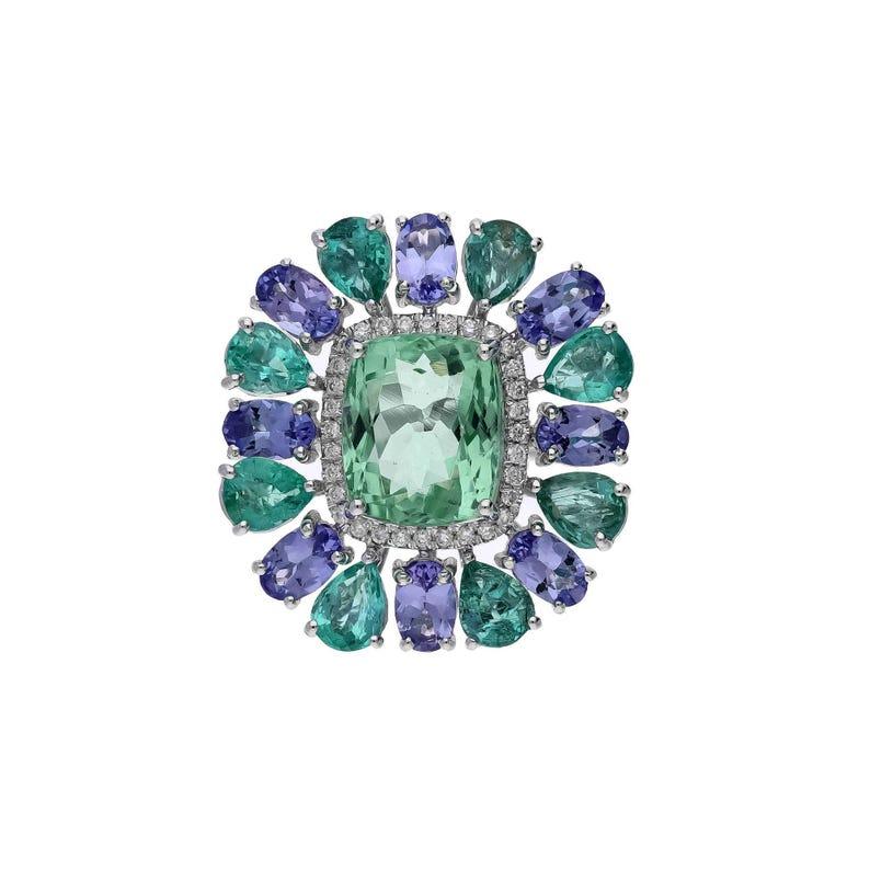 Handmade Art Deco Ring 18k White Gold/ Tourmaline Emerald Tanzanite Diamond Ring 1