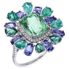 Handmade Art Deco Ring 18k White Gold/ Tourmaline Emerald Tanzanite Diamond Ring