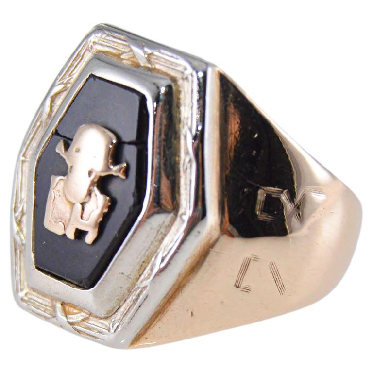 Women's or Men's Handmade Art Deco Ring from 1928 Solid 10Kt. Multi Colored Gold Size 3 with Onyx For Sale