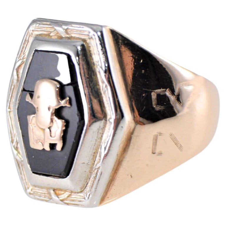 Handgefertigter Art Deco Ring von 1928 Massiv 10Kt. Mehrfarbiges Gold Größe 3 mit Onyx für Damen oder Herren im Angebot