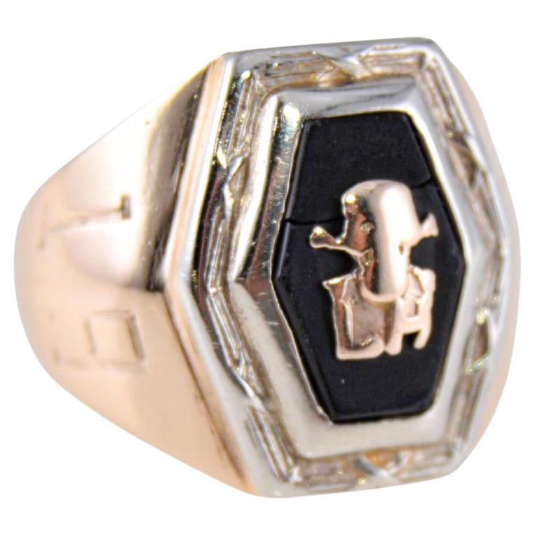 Handmade Art Deco Ring from 1928 Solid 10Kt. Multi Colored Gold Size 3 with Onyx For Sale