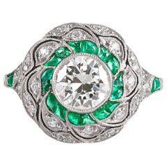 Handmade Art Deco Style .96 Carat Diamond and Emerald Ring