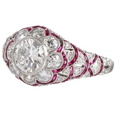 Handmade Art Deco Style Flower Motif Diamond and Ruby Ring