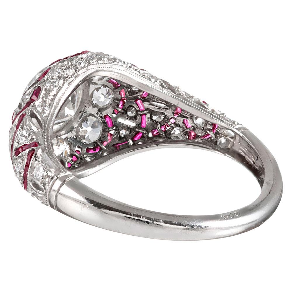 Handmade Art Deco Style Flower Motif Diamond and Ruby Ring In Good Condition In Carmel-by-the-Sea, CA