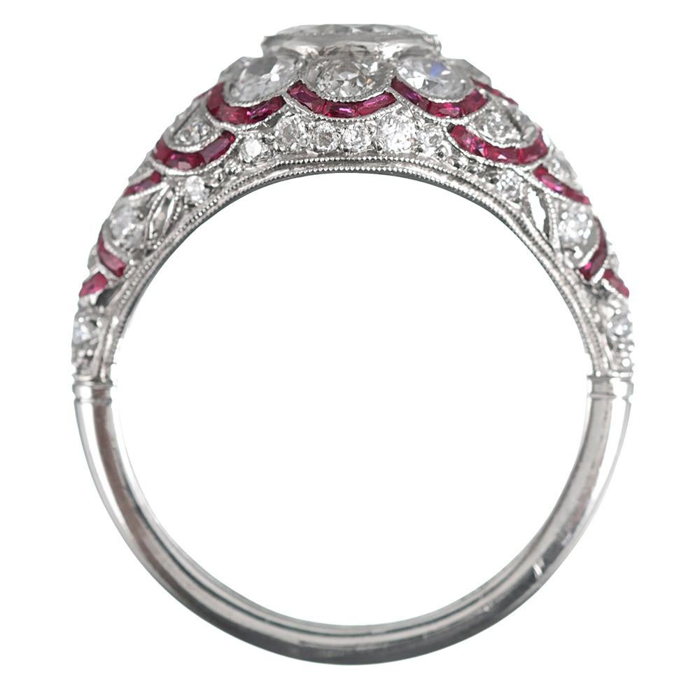 Women's Handmade Art Deco Style Flower Motif Diamond and Ruby Ring