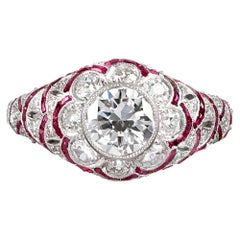 Handmade Art Deco Style Flower Motif Diamond and Ruby Ring