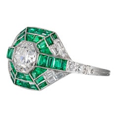 Handmade Modern Art Deco Style Ring with Old European Cut Diamonds and Emeralds