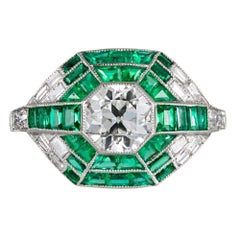 Vintage Handmade Modern Art Deco Style Ring with Old European Cut Diamonds and Emeralds
