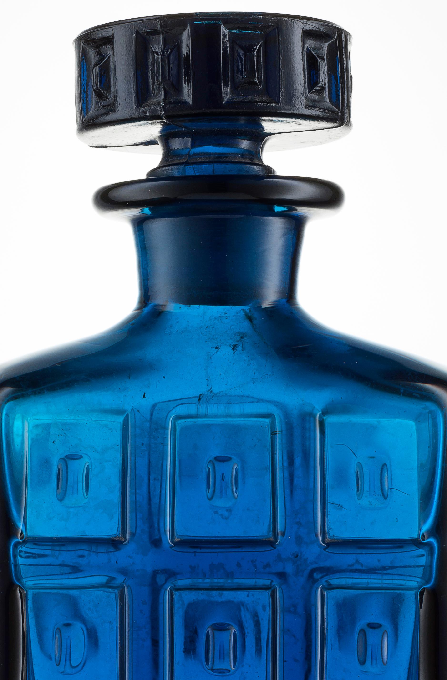 Scandinavian Modern Handmade Art Glass Whisky Decanter in Cobalt Blue with Impressed Surface Design For Sale